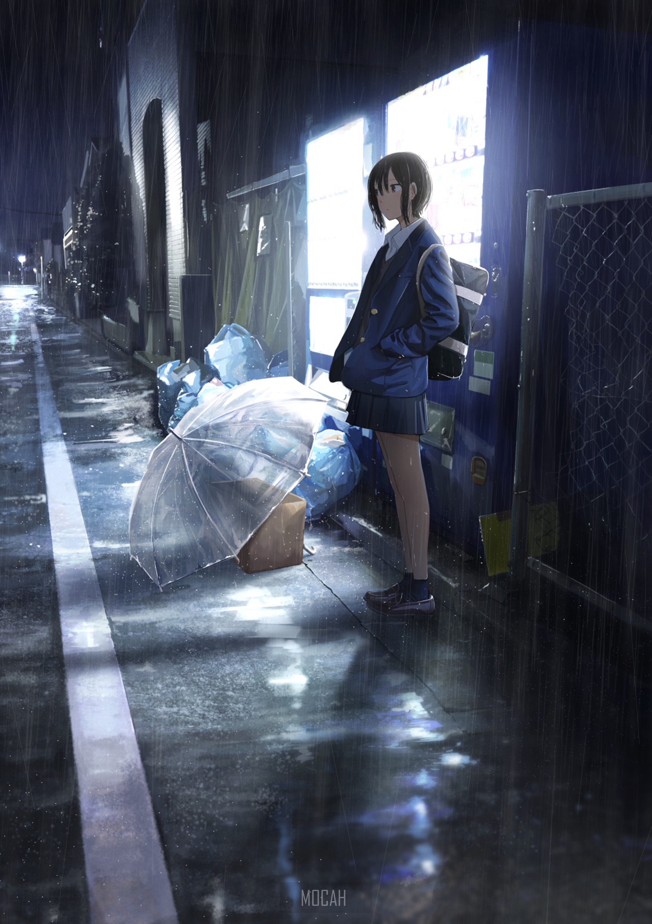 Anime girl in uniform by vending machine in rain HD Phone Wallpaper