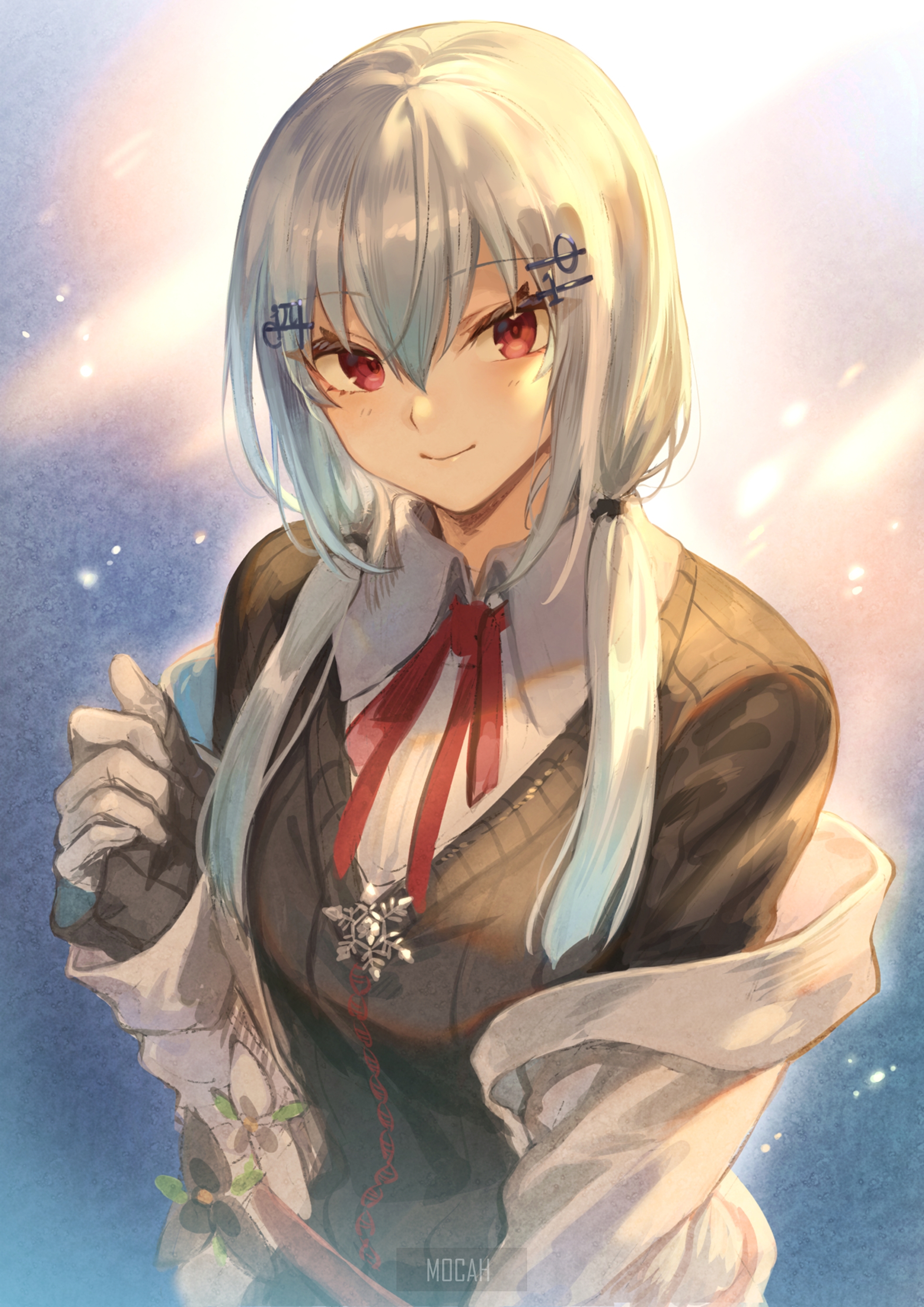 Anime girl with white hair and red eyes HD Phone Wallpaper