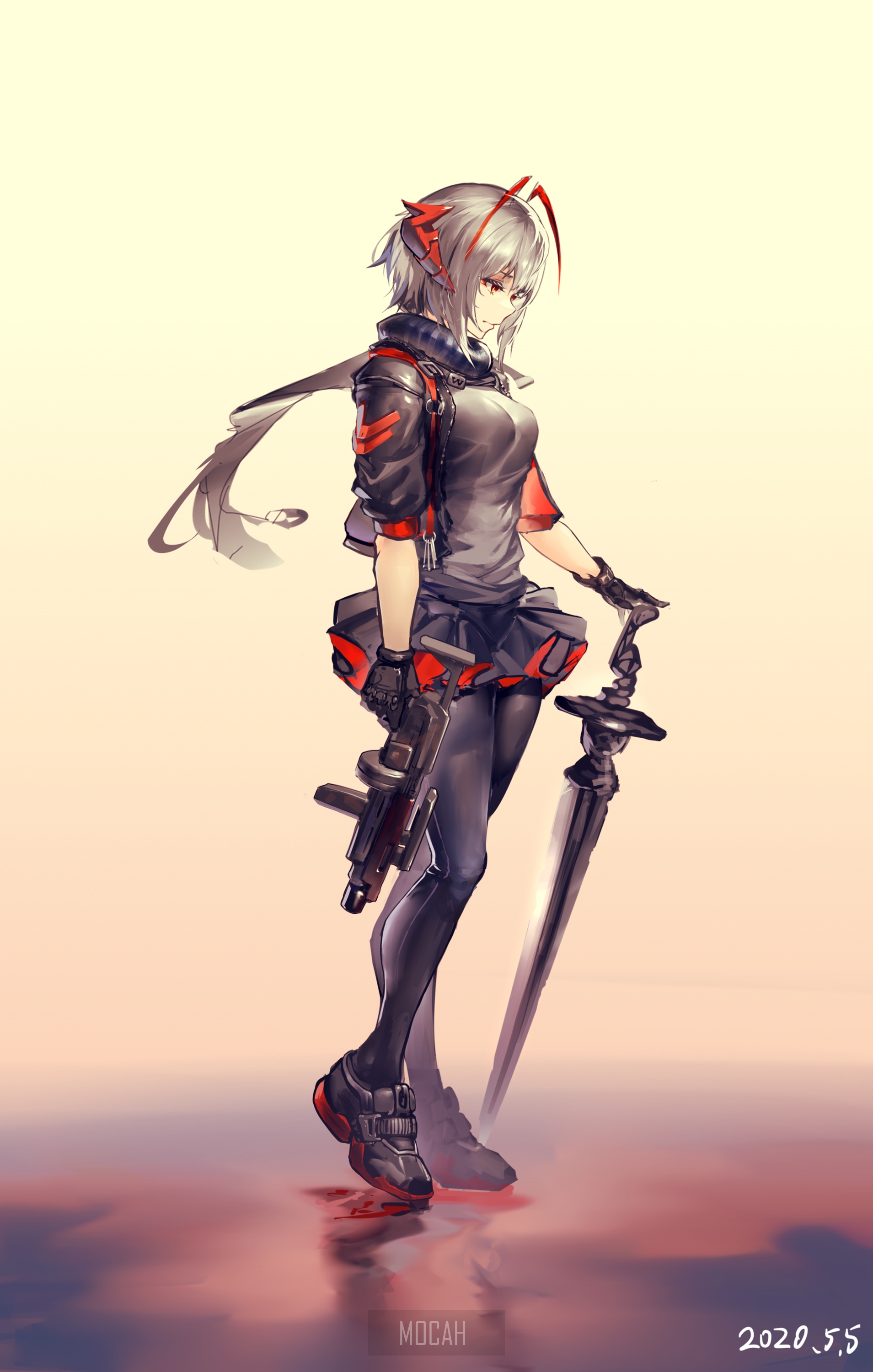 W from Arknights holding a sword and gun HD Phone Wallpaper