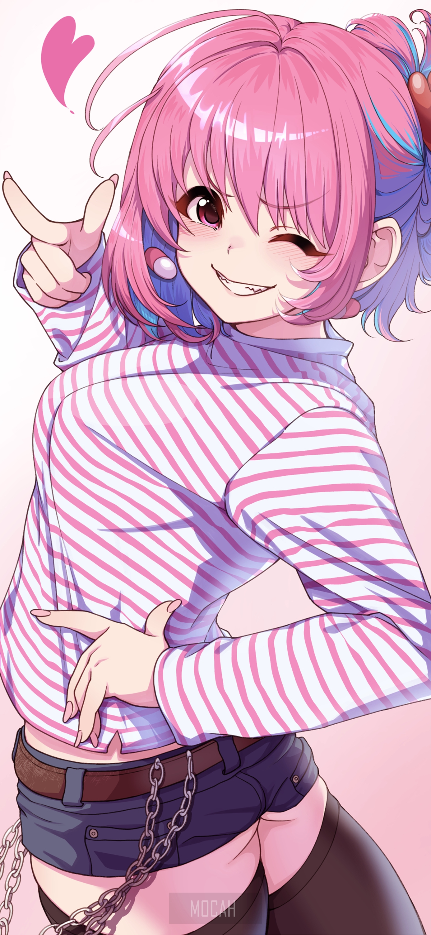Anime girl with pink hair winking HD Phone Wallpaper