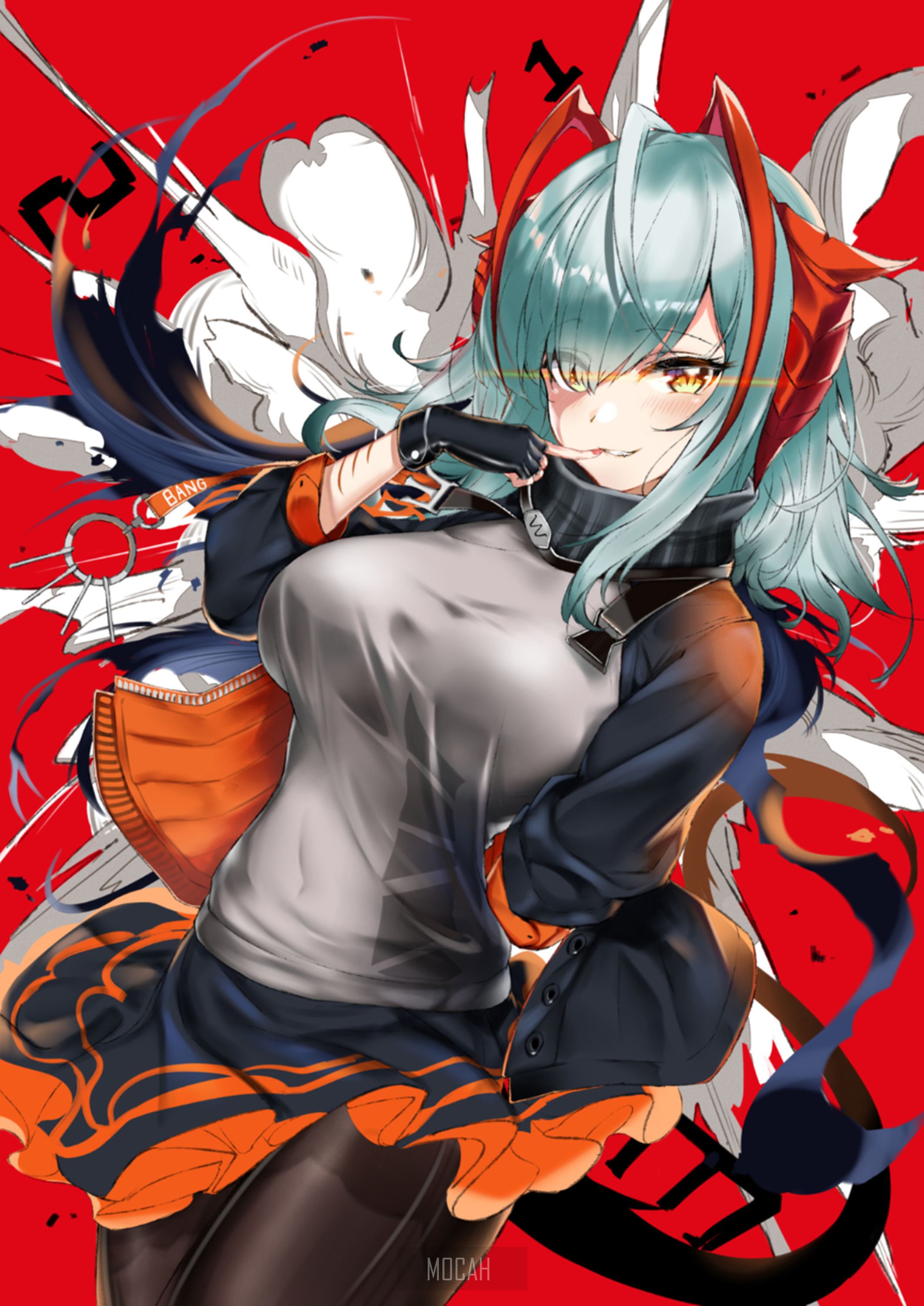 Anime girl with teal hair and orange accents HD Phone Wallpaper