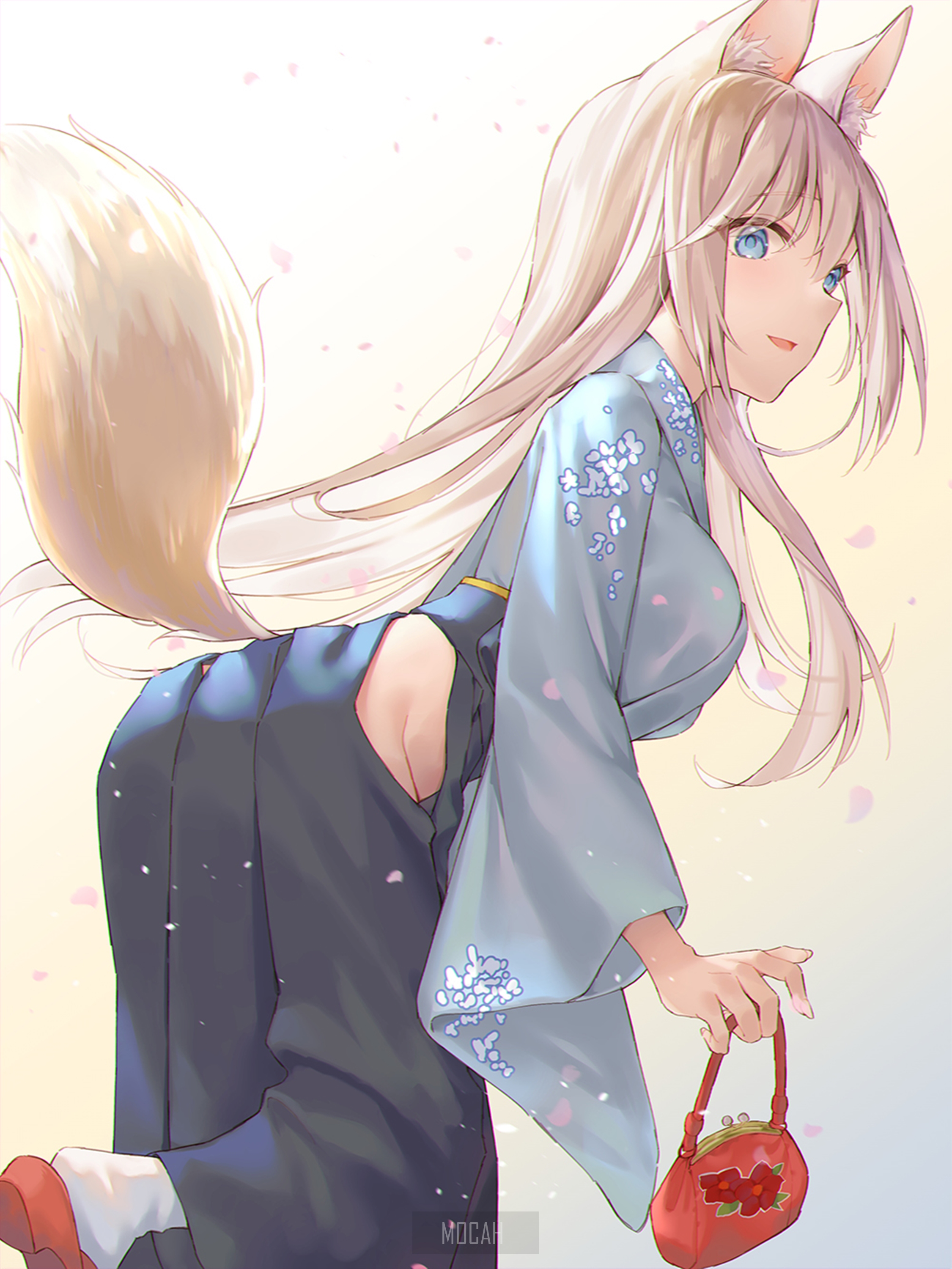 Anime girl with fox ears and tail in kimono HD Phone Wallpaper
