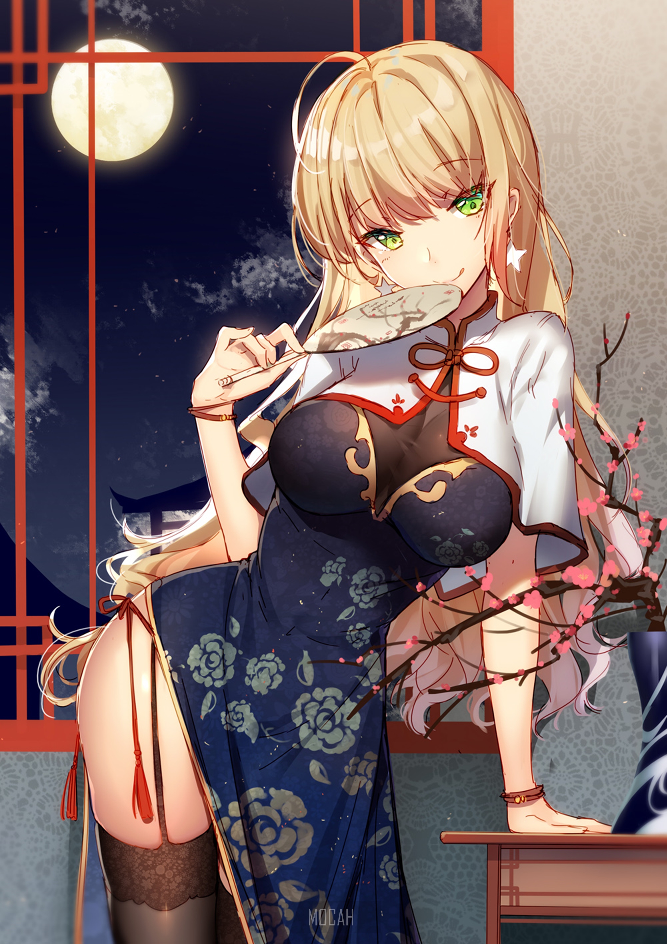 Anime girl in a cheongsam holding a fan HD Phone Wallpaper