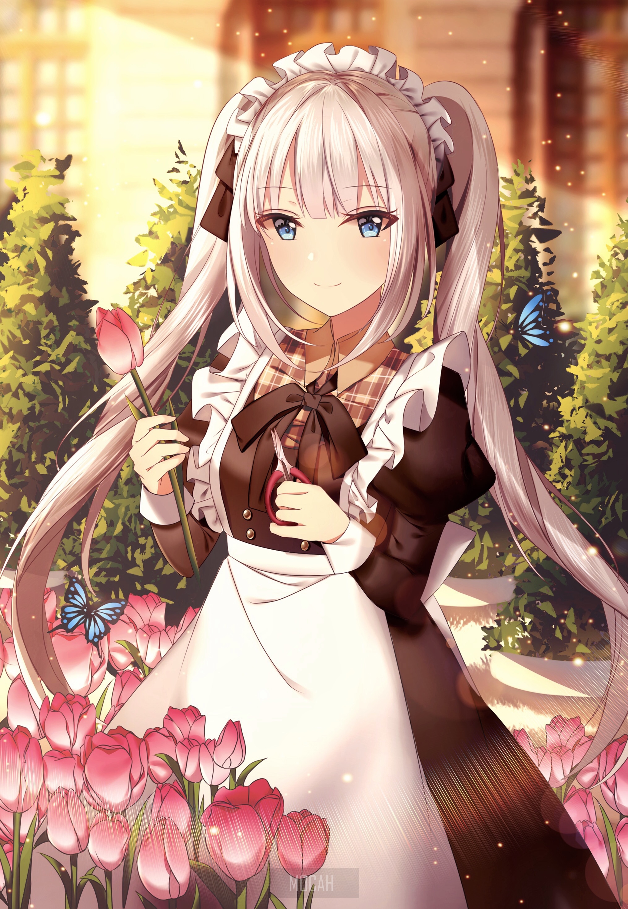 Anime girl with tulips and scissors HD Phone Wallpaper