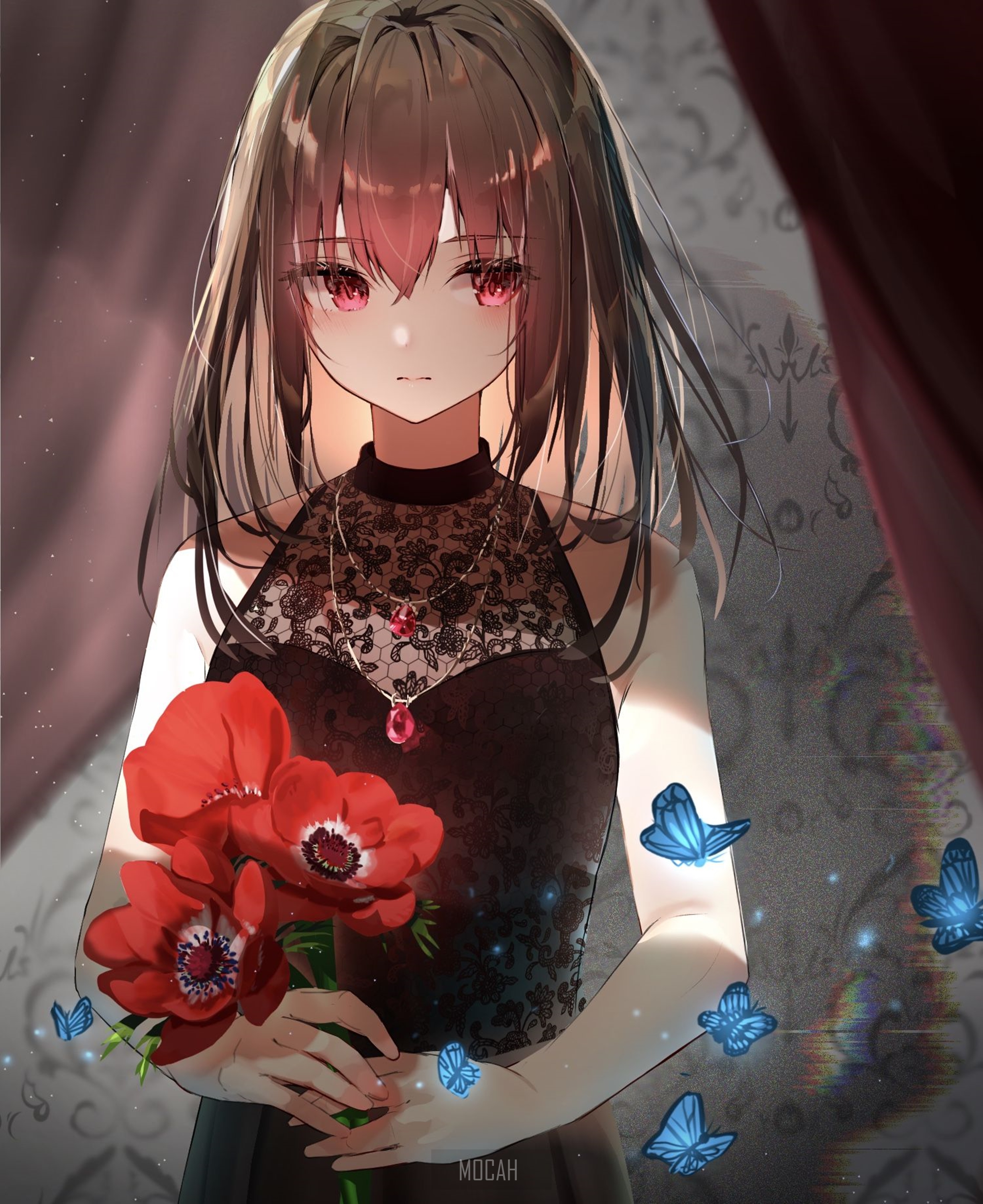 Anime girl in black dress holding red flowers with butterflies HD Phone Wallpaper
