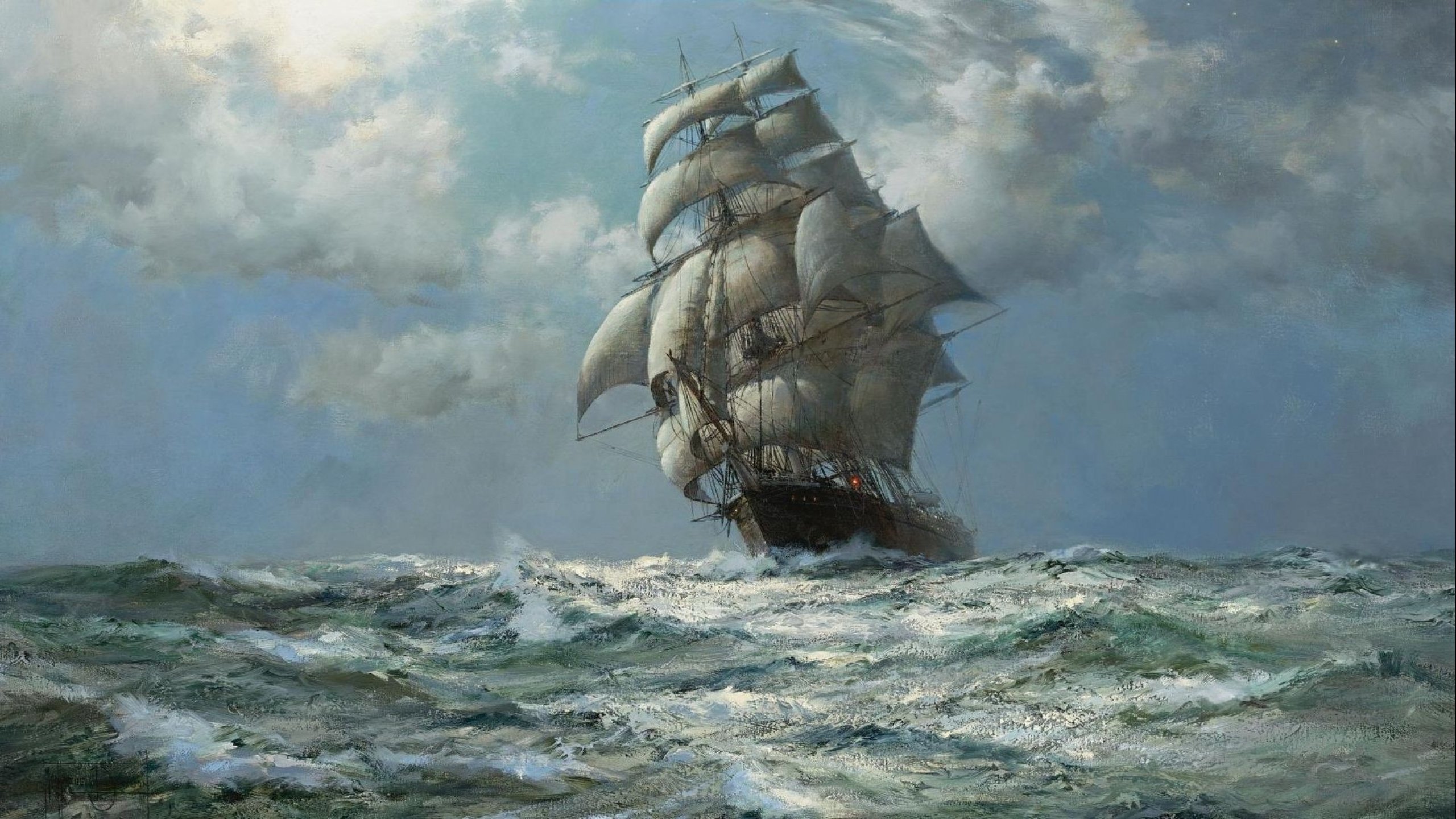 Painting of a tall ship sailing on a stormy sea HD Wallpaper