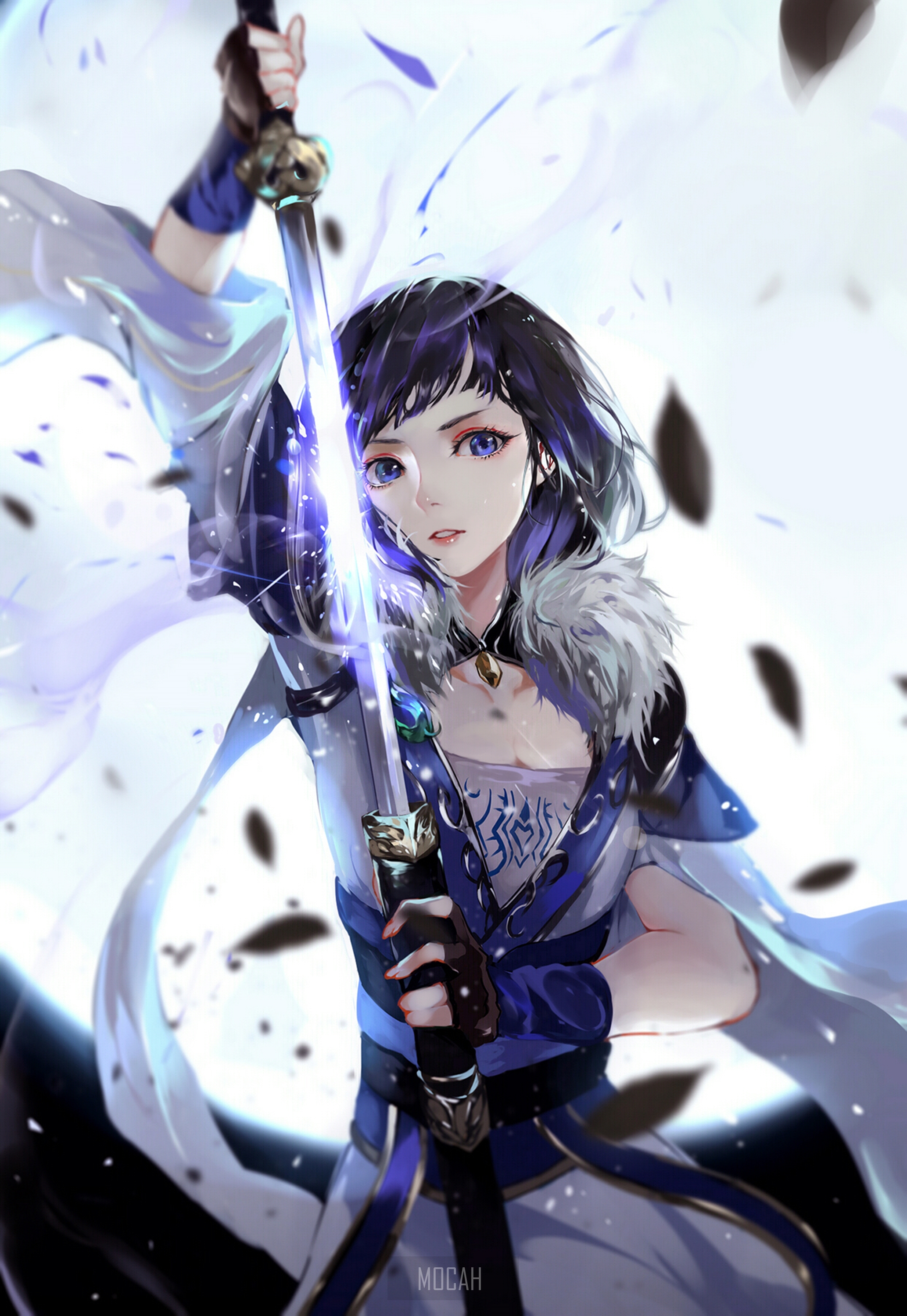 Anime girl holding a glowing sword HD Phone Wallpaper