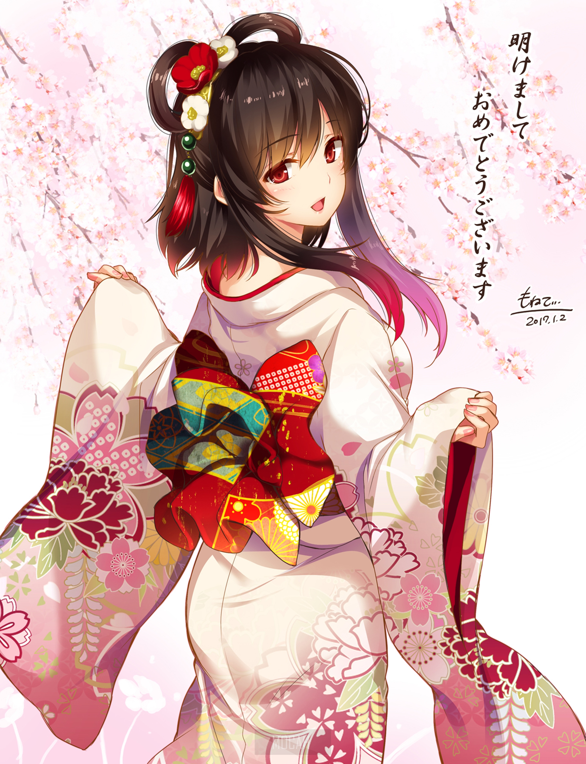 Anime girl in kimono with cherry blossoms HD Phone Wallpaper
