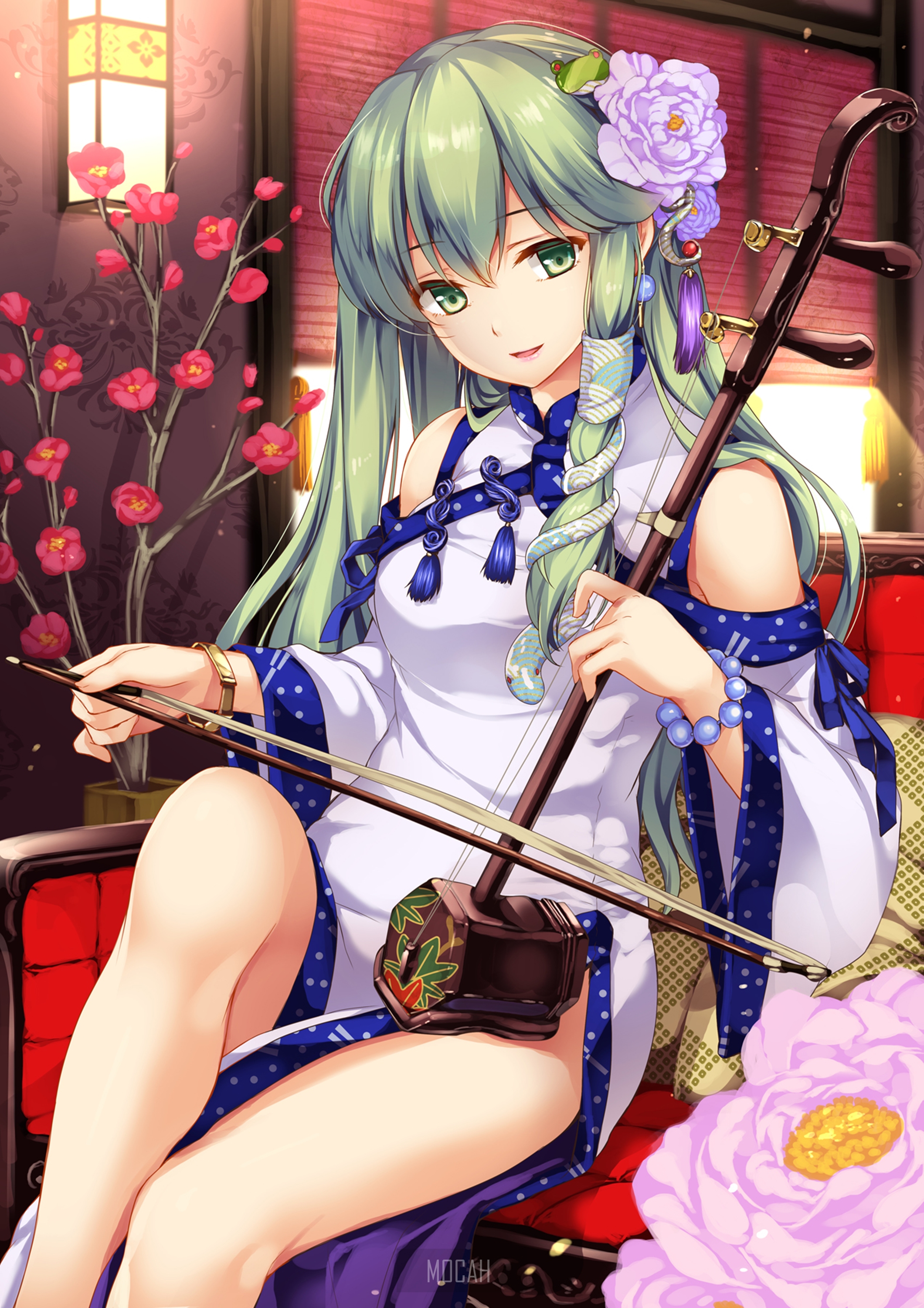 Anime girl playing erhu with flowers HD Phone Wallpaper