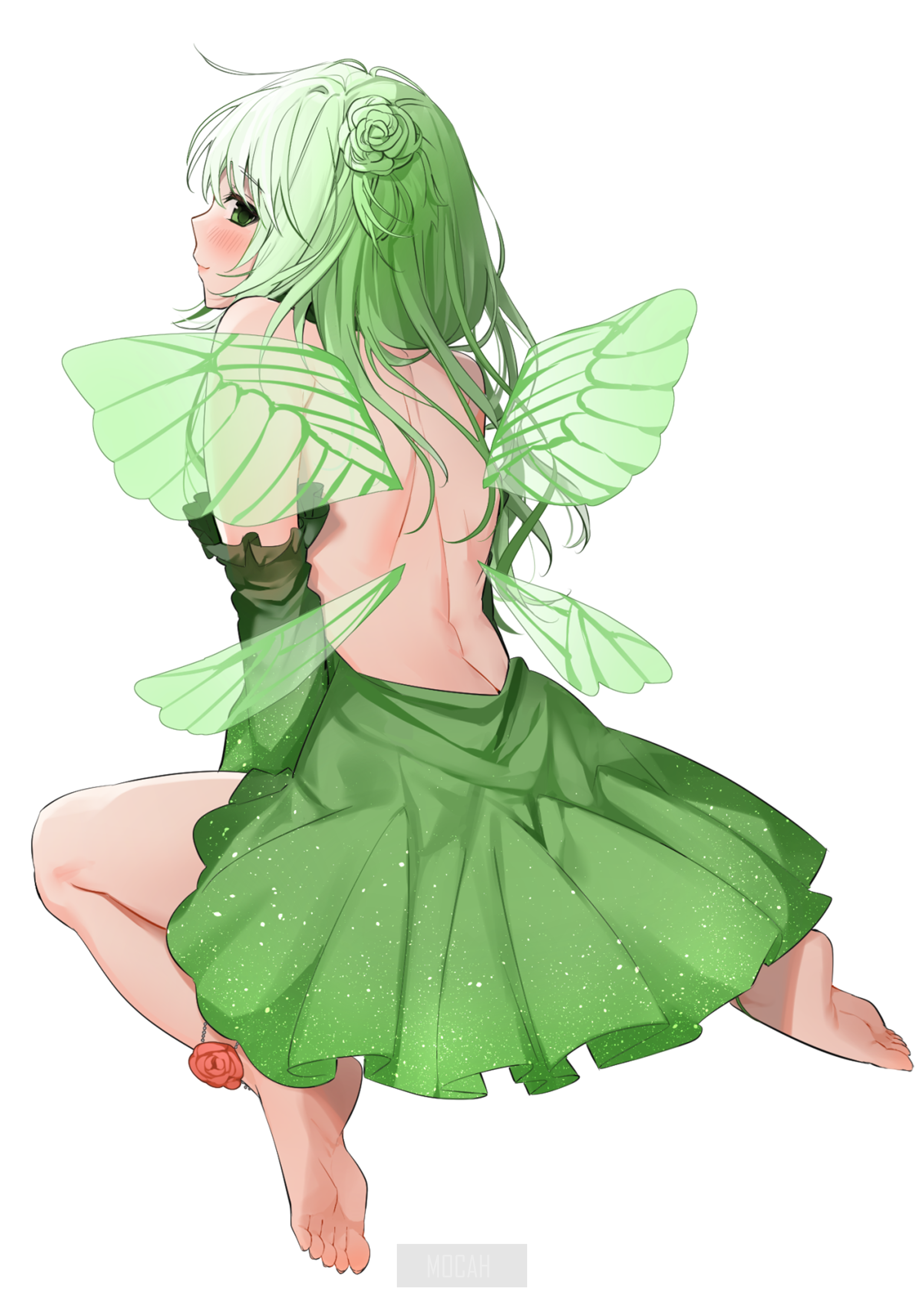 Anime girl with green hair and wings HD Phone Wallpaper