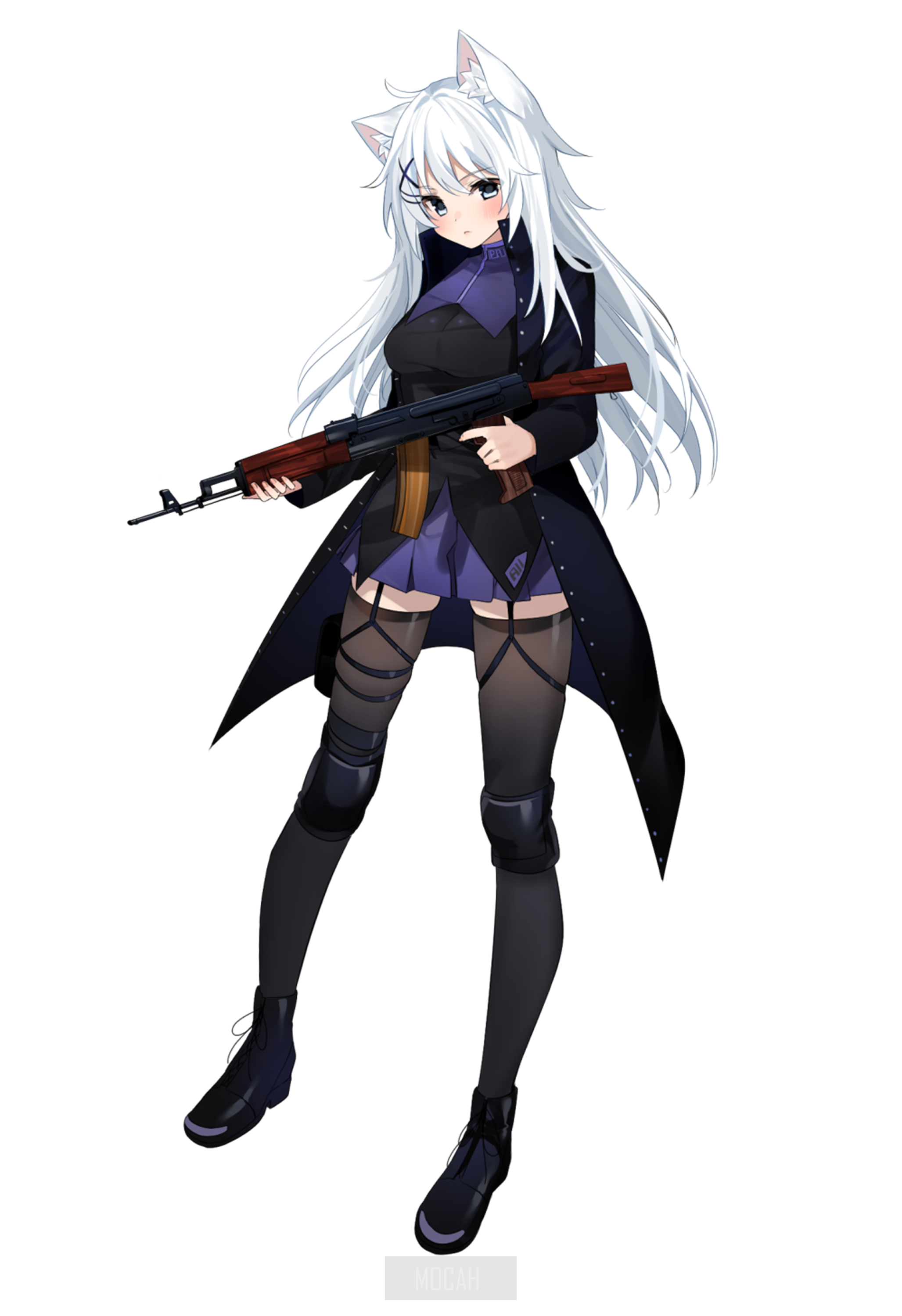 Anime girl with white hair holding a rifle HD Phone Wallpaper