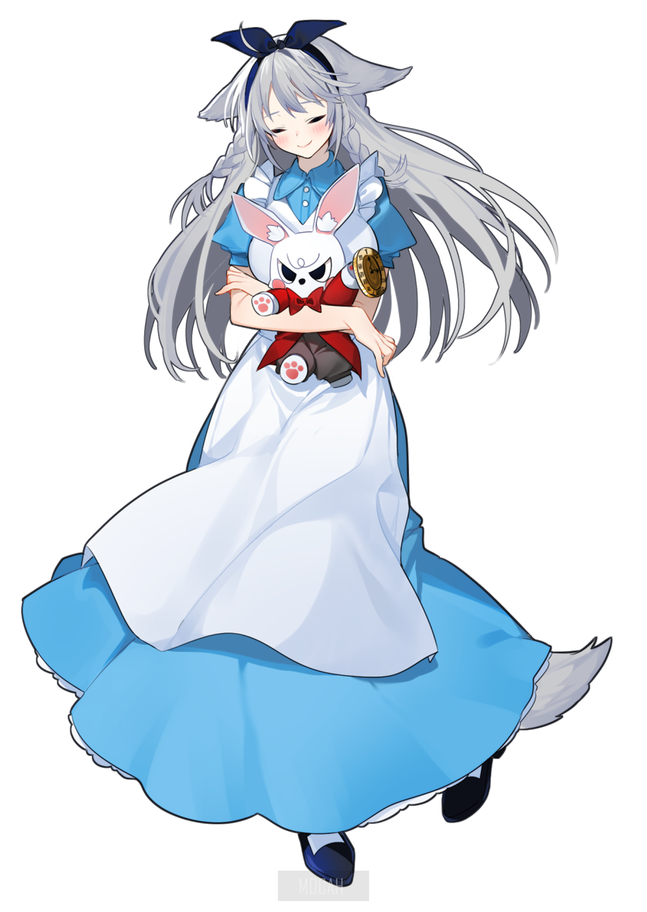 Anime girl in Alice in Wonderland dress holding a plush toy HD Phone Wallpaper