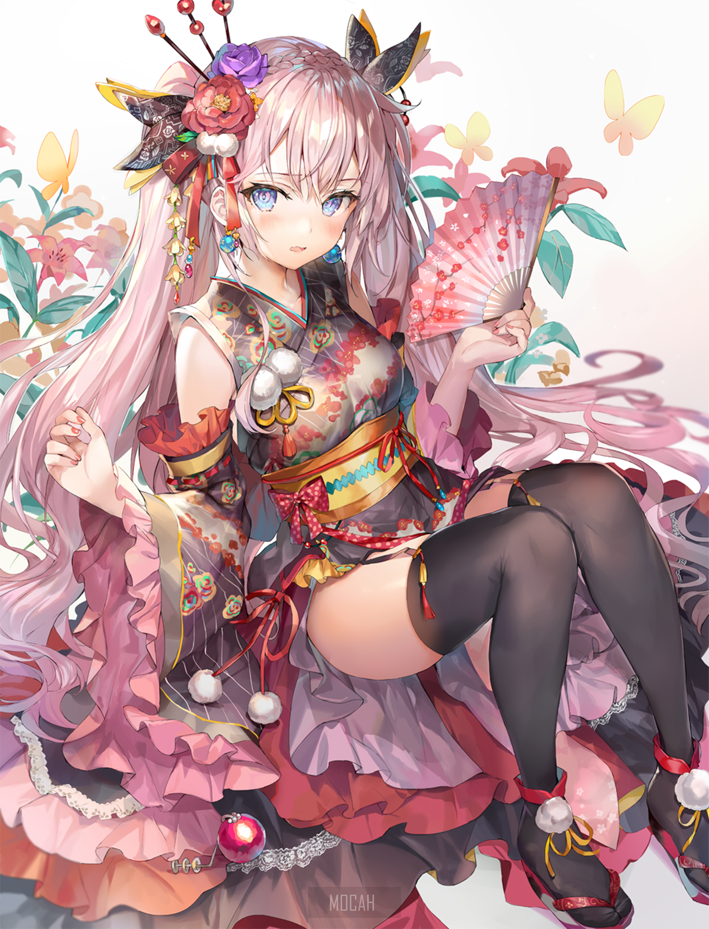 Anime girl in kimono holding a fan HD Phone Wallpaper