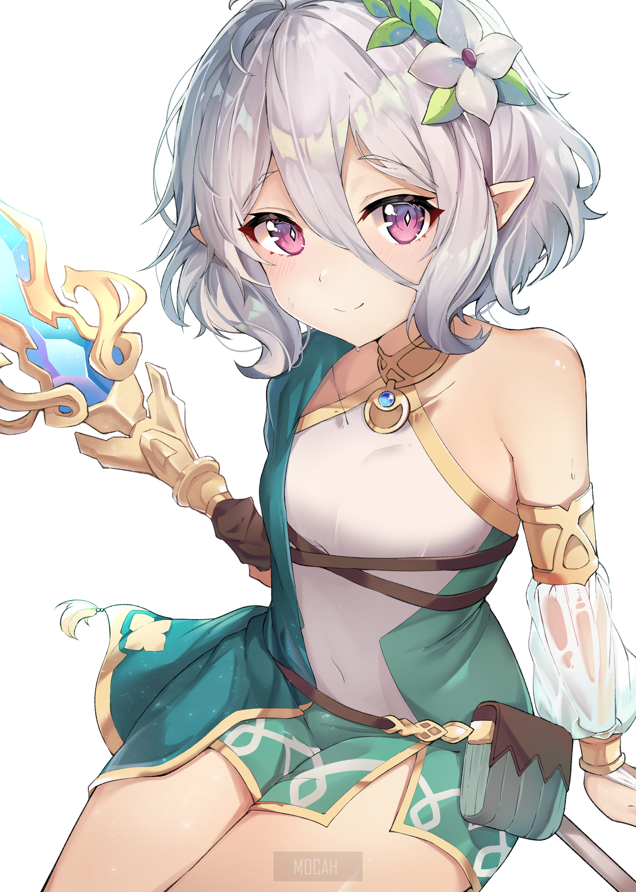 Anime girl with elf ears and staff HD Phone Wallpaper