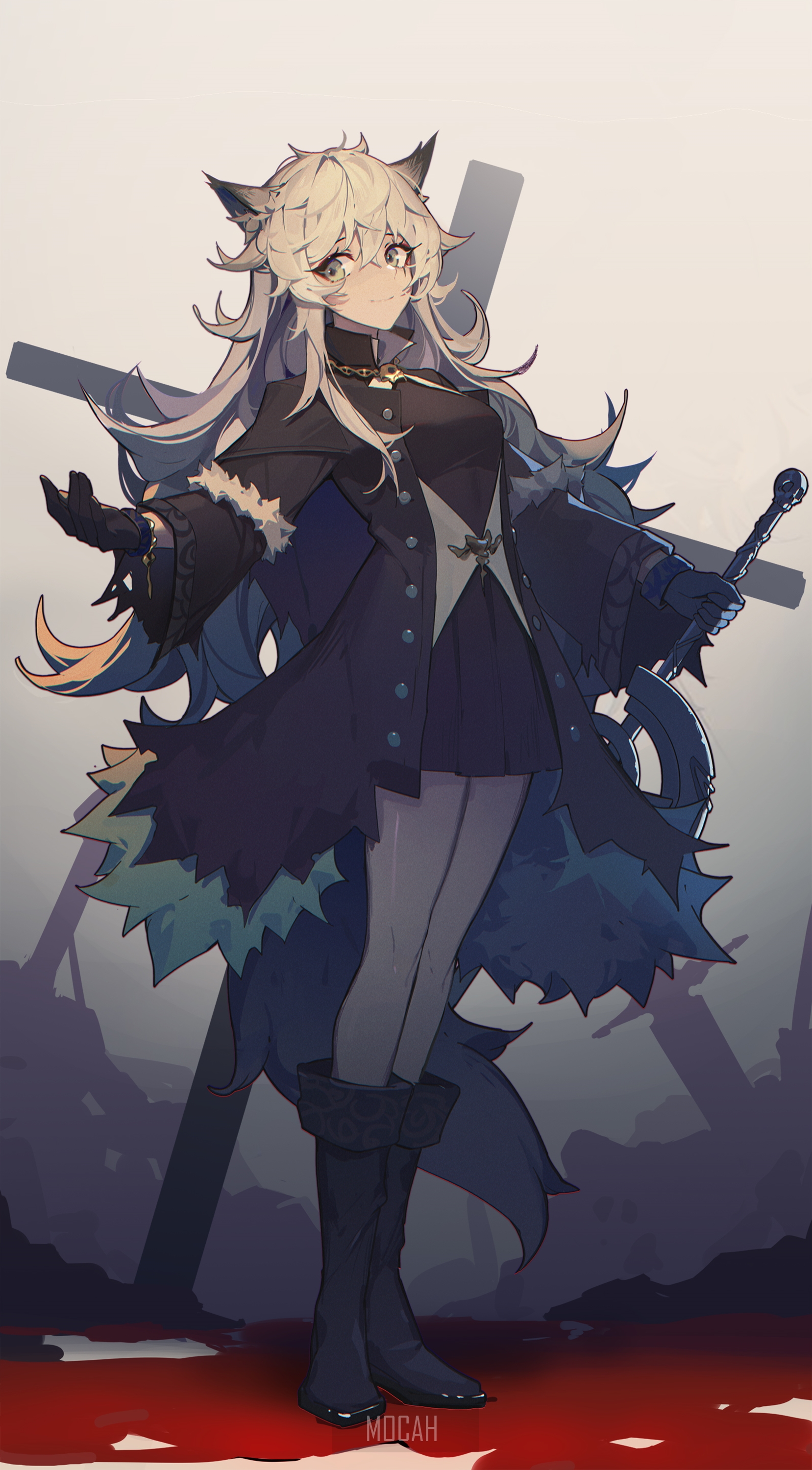 Anime girl with wolf ears and sword HD Phone Wallpaper