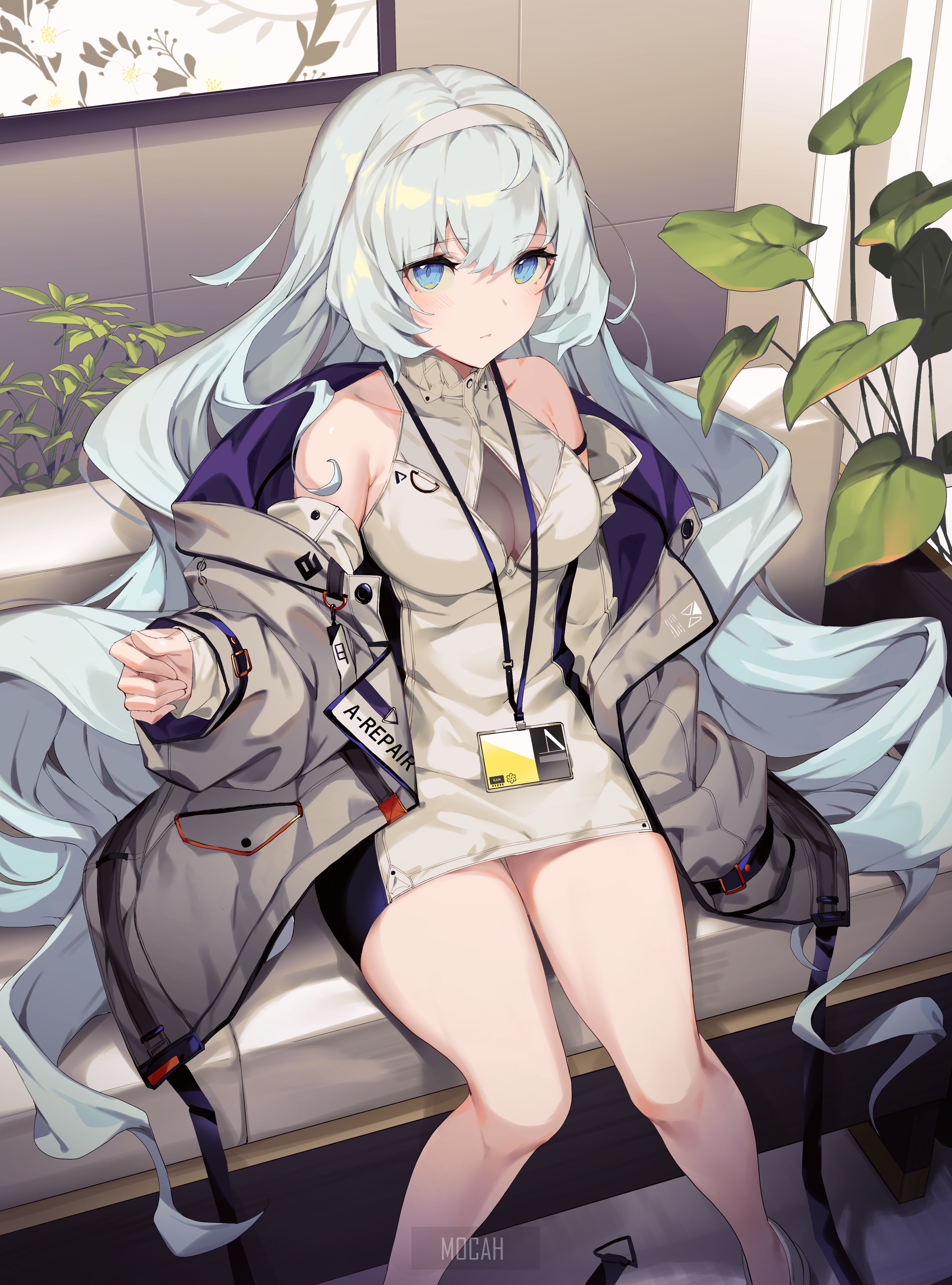 Anime girl with long white hair and blue eyes sitting HD Phone Wallpaper