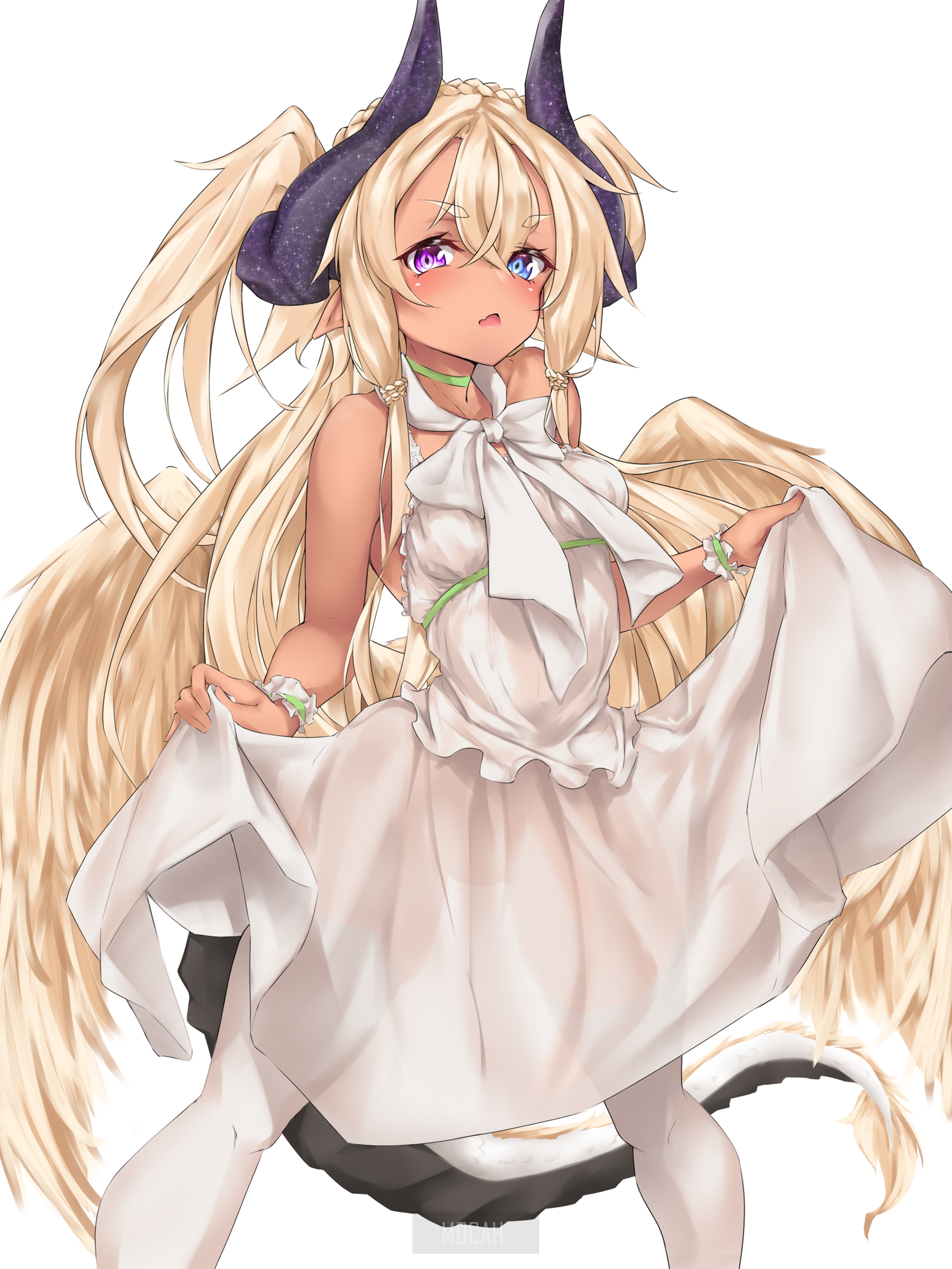 Anime girl with horns and wings in a white dress HD Phone Wallpaper