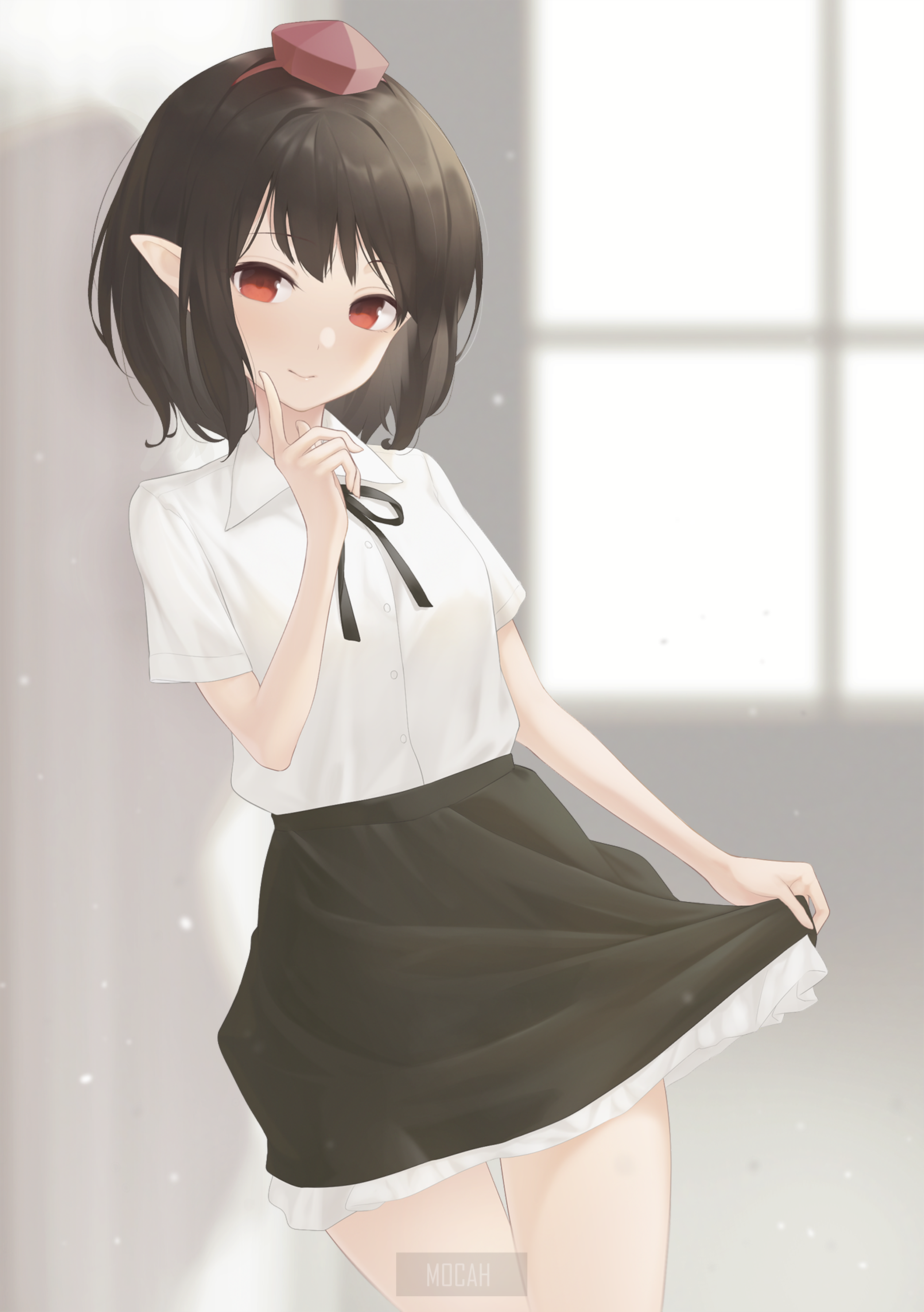 Anime girl with red eyes and pointy ears HD Phone Wallpaper