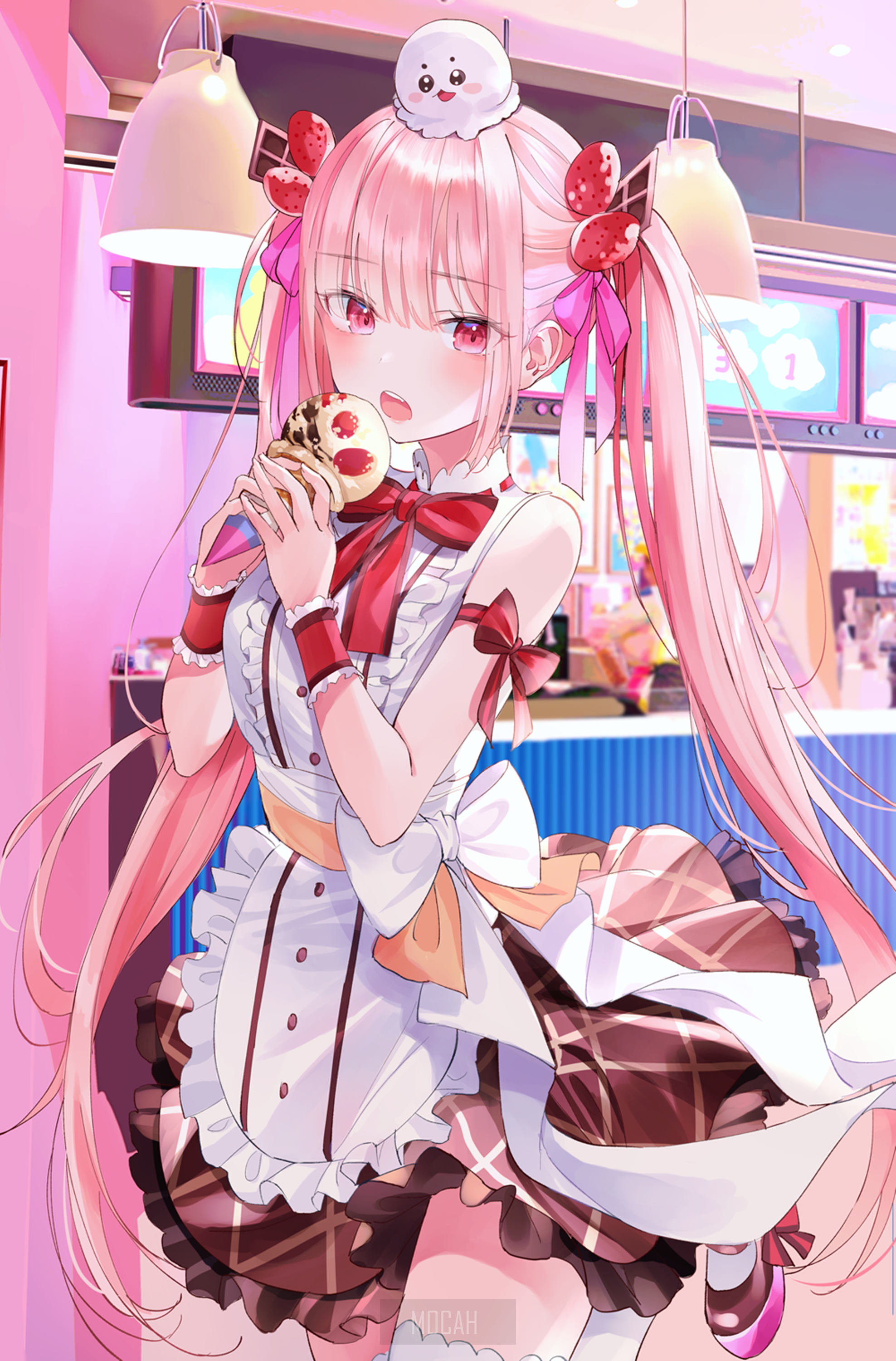 Anime girl in maid outfit eating ice cream HD Phone Wallpaper