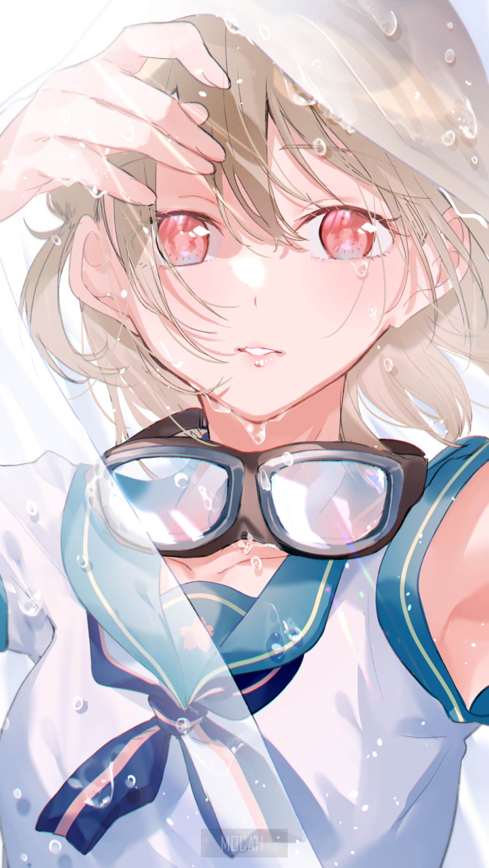 Anime girl with goggles in the rain HD Phone Wallpaper