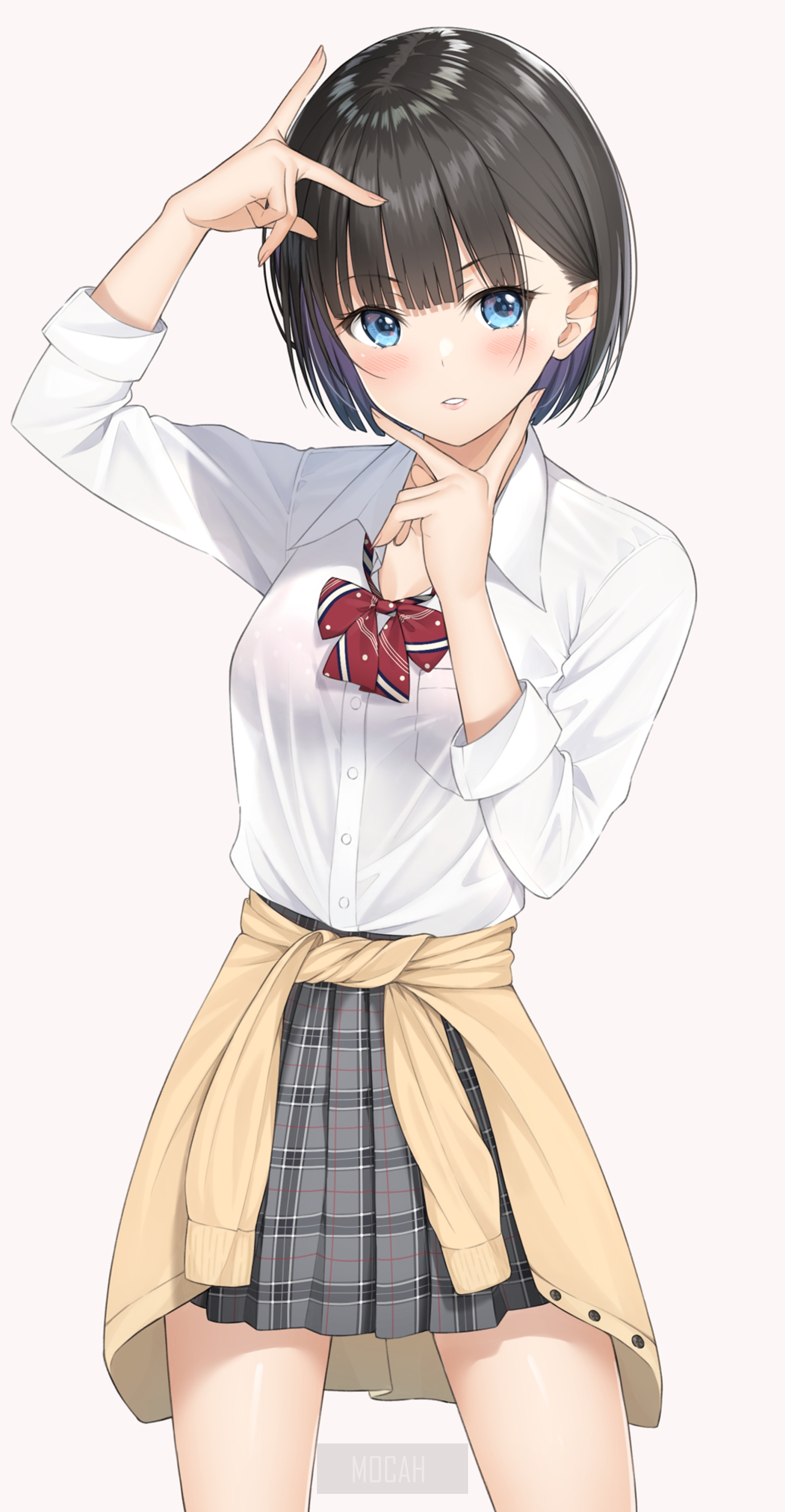 Anime girl with short black hair and blue eyes HD Phone Wallpaper