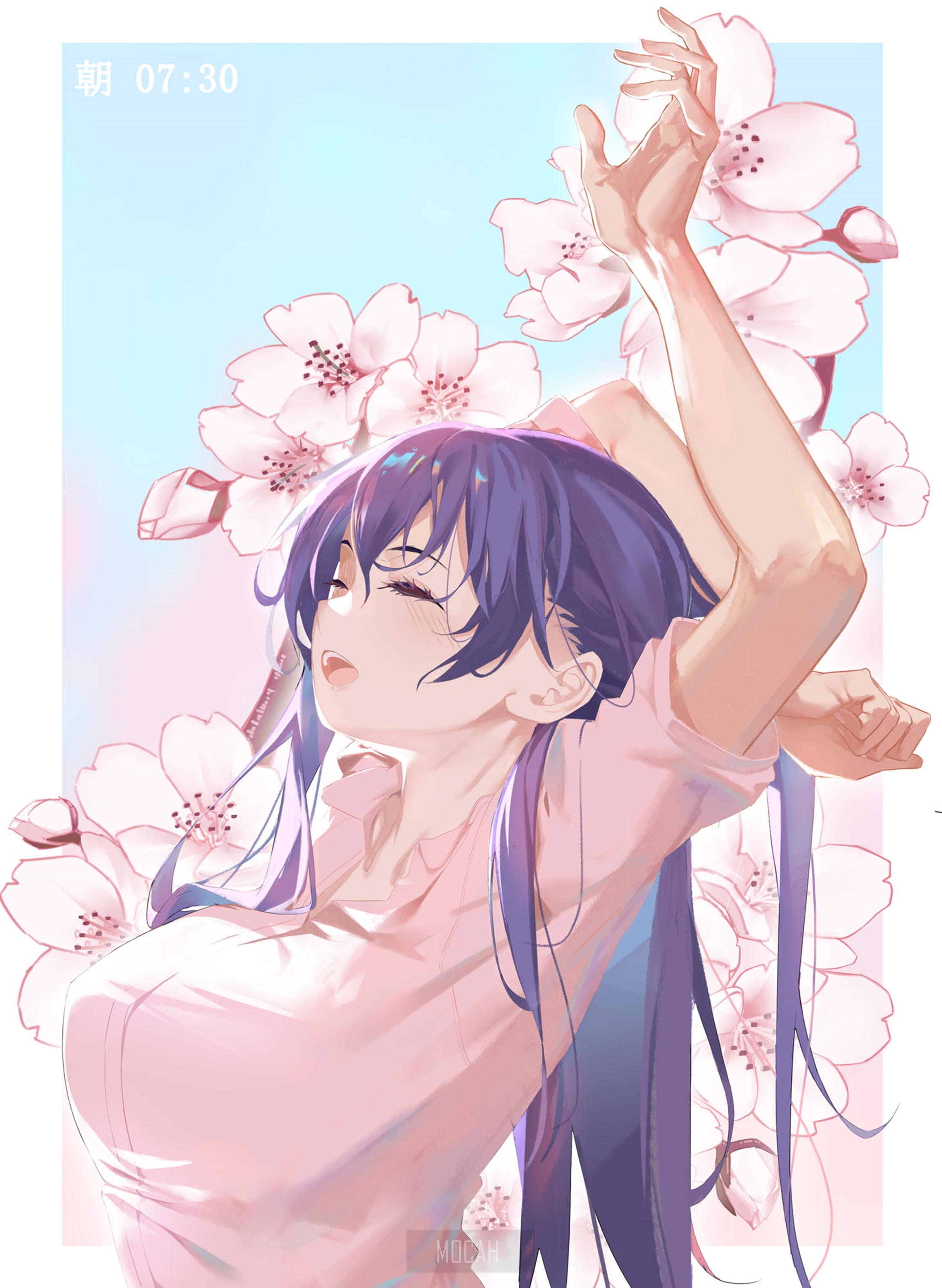 Matou Sakura from Fate/Stay Night stretching with cherry blossoms HD Phone Wallpaper