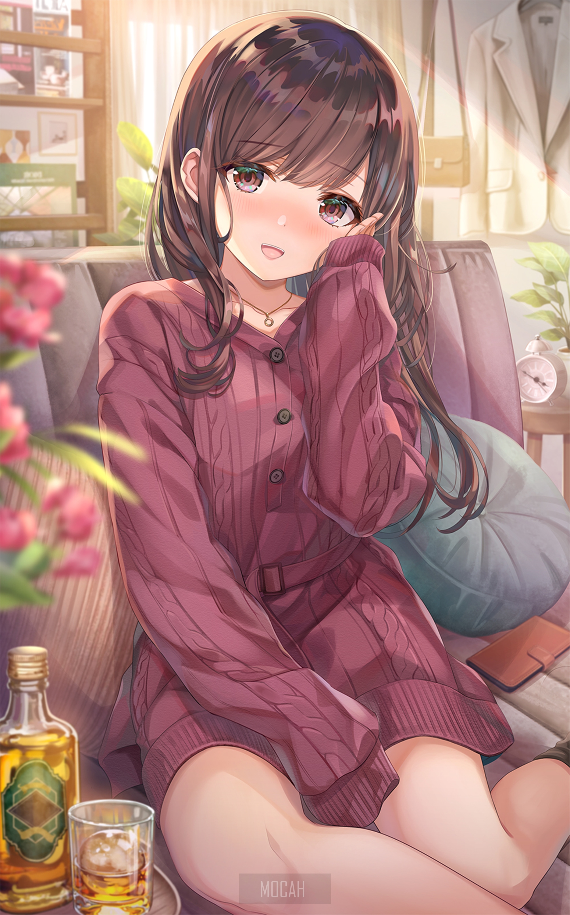 Cozy Moment with Anime Girl in Pink Sweater HD Phone Wallpaper