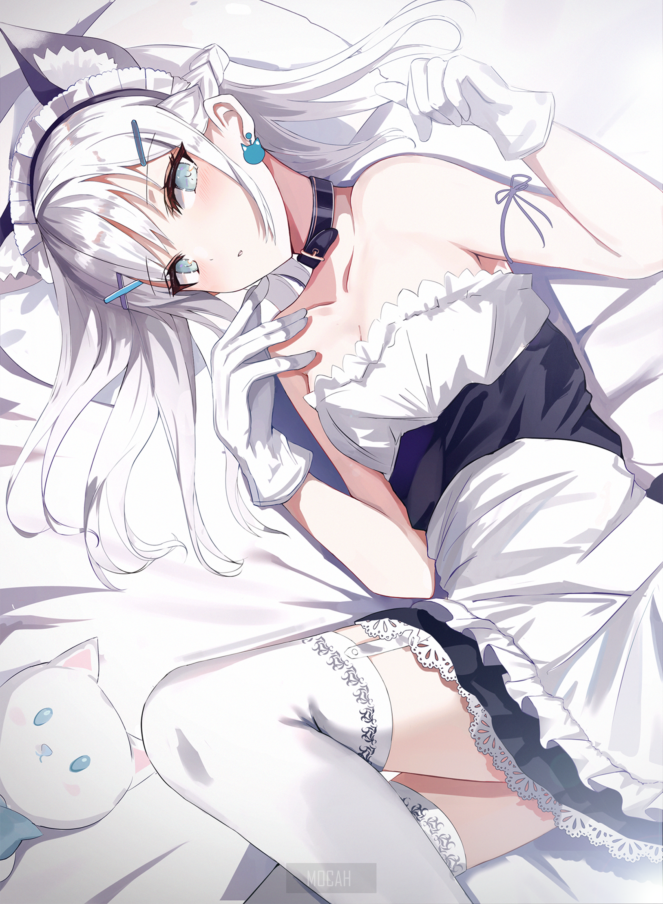 Anime girl in maid outfit lying on bed with plush toy HD Phone Wallpaper