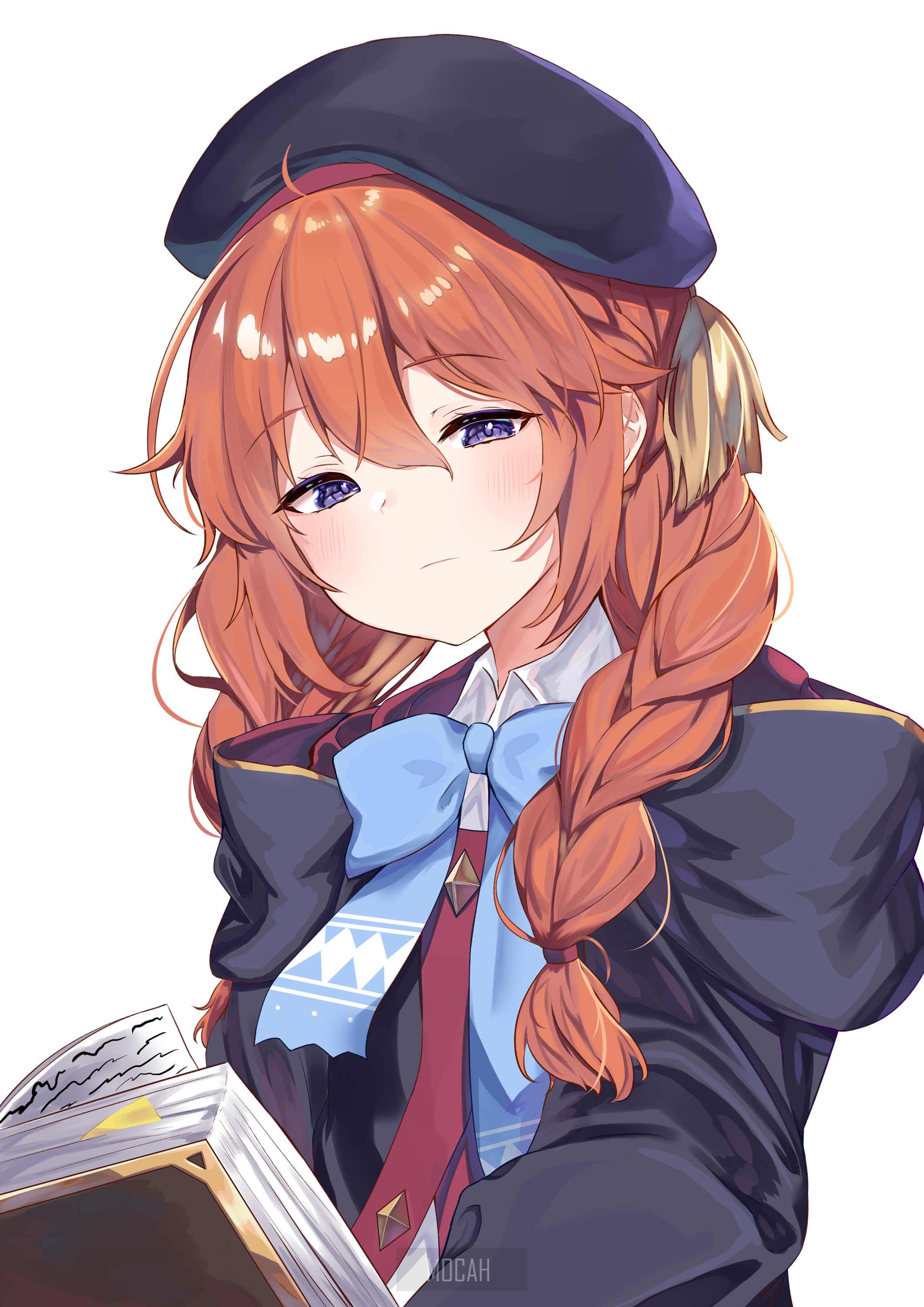 Anime girl with orange braided hair wearing a beret and uniform HD Phone Wallpaper