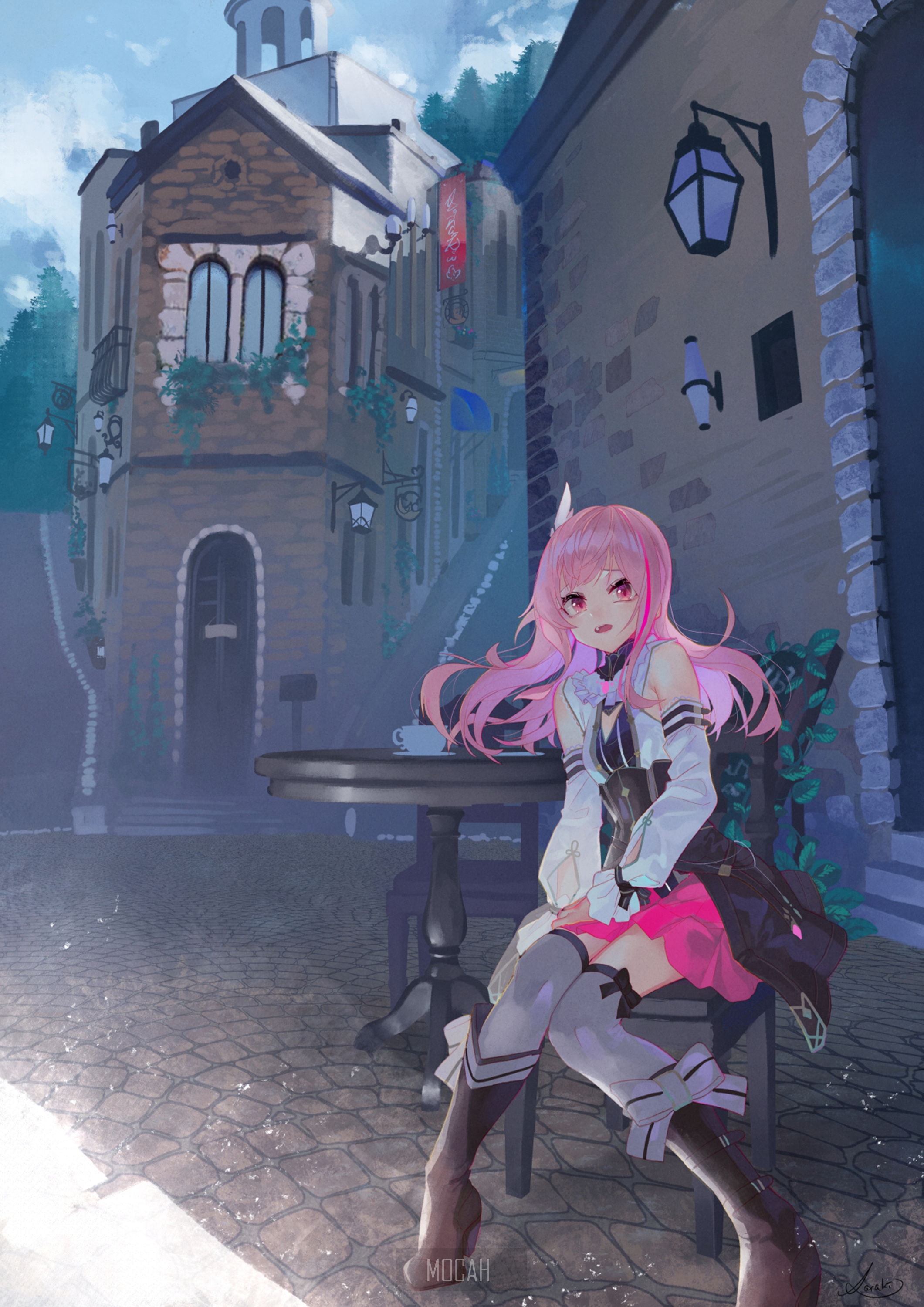 Anime girl with pink hair sitting at a cafe table HD Phone Wallpaper