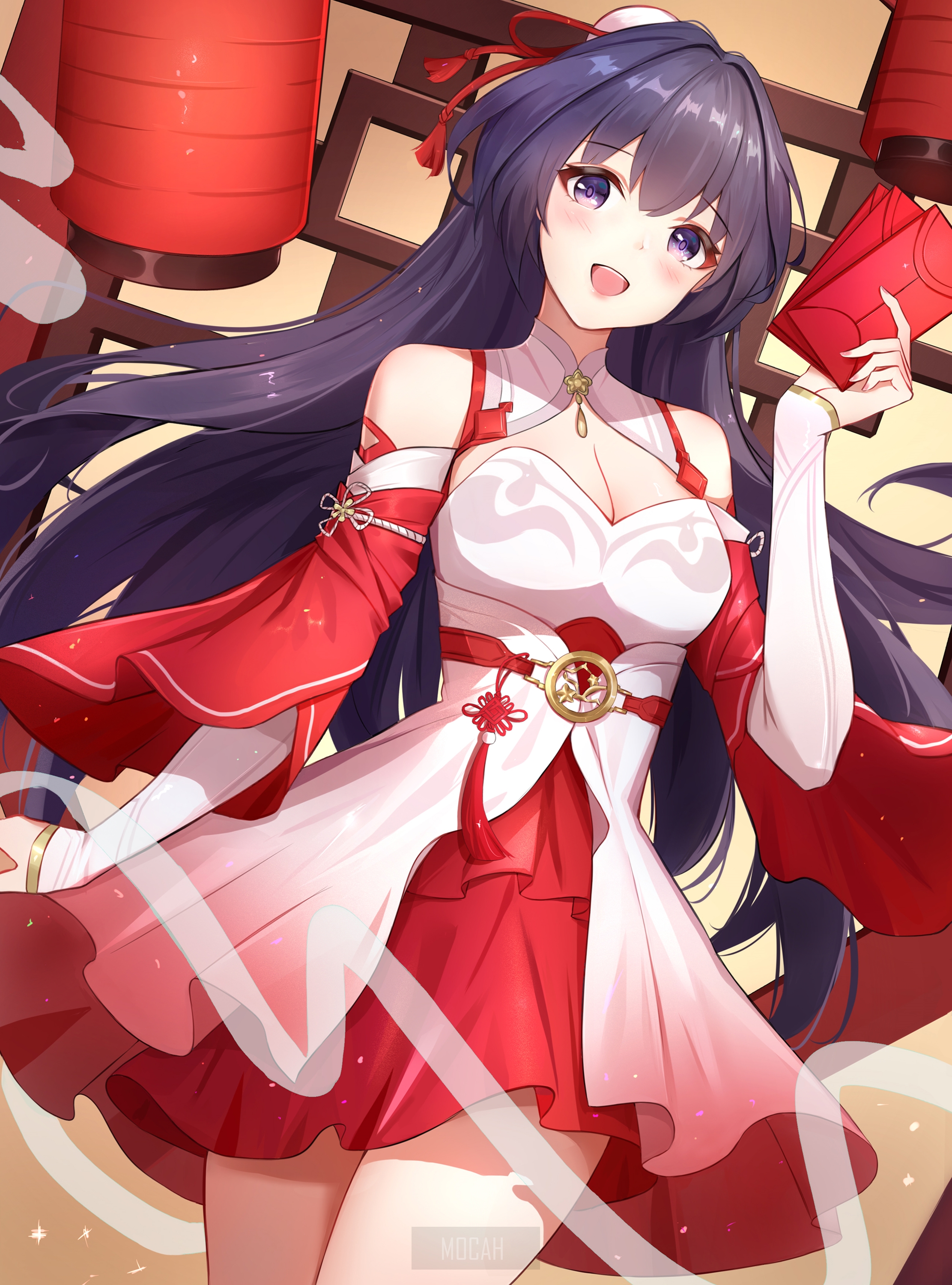 Anime girl in red and white dress holding red envelope HD Phone Wallpaper