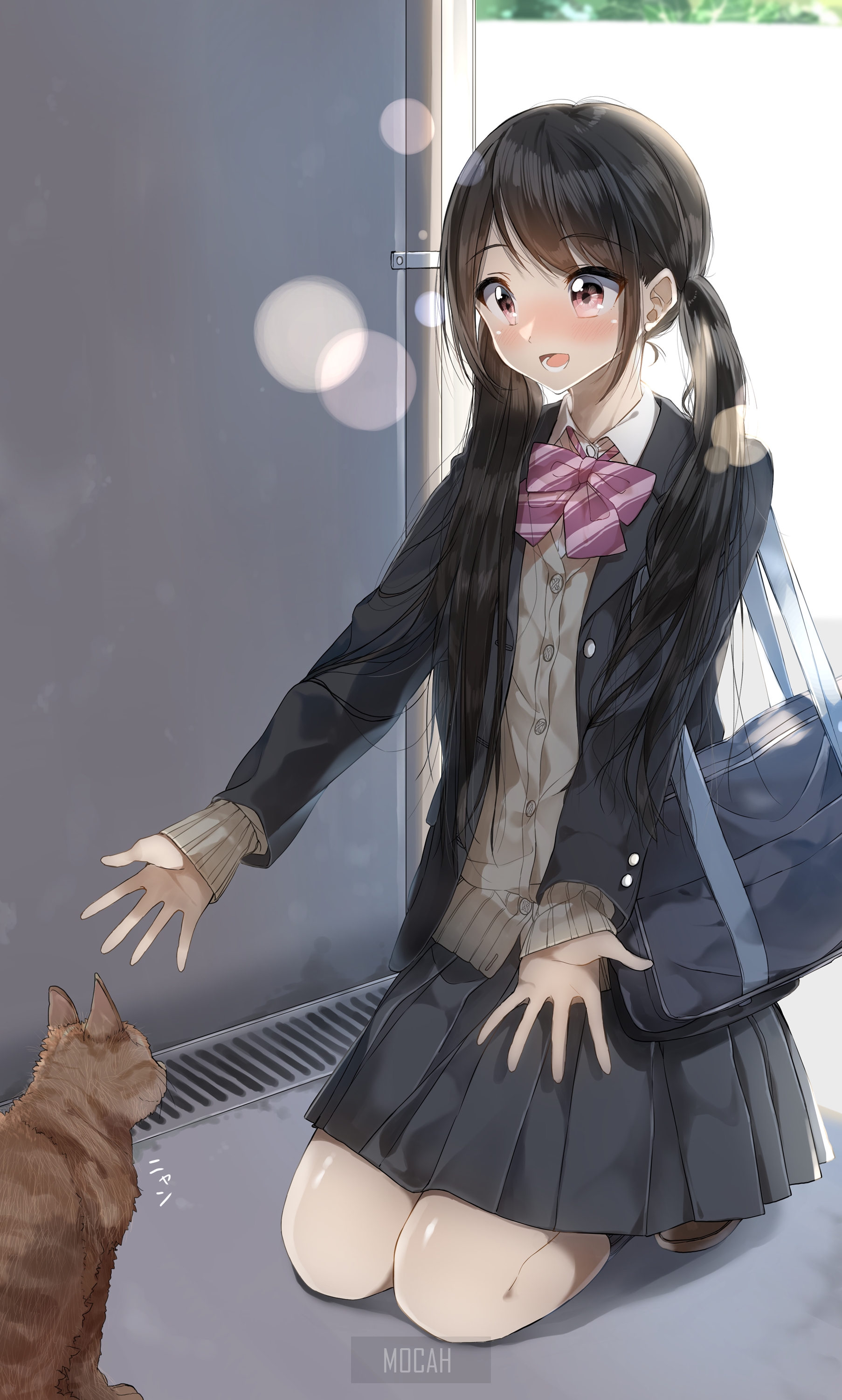 Anime girl in school uniform reaching for a cat HD Phone Wallpaper