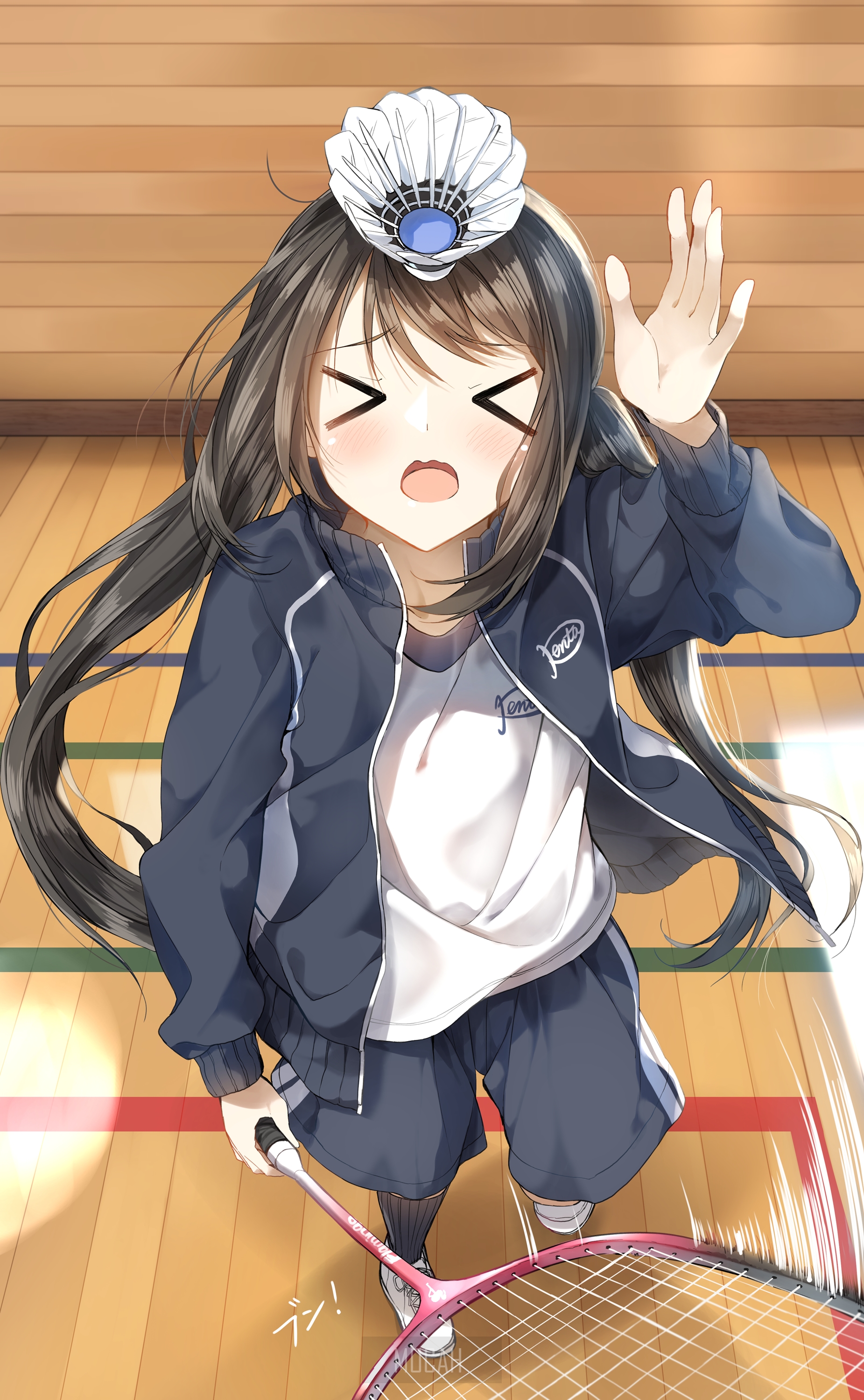 Anime girl with badminton shuttlecock on head HD Phone Wallpaper