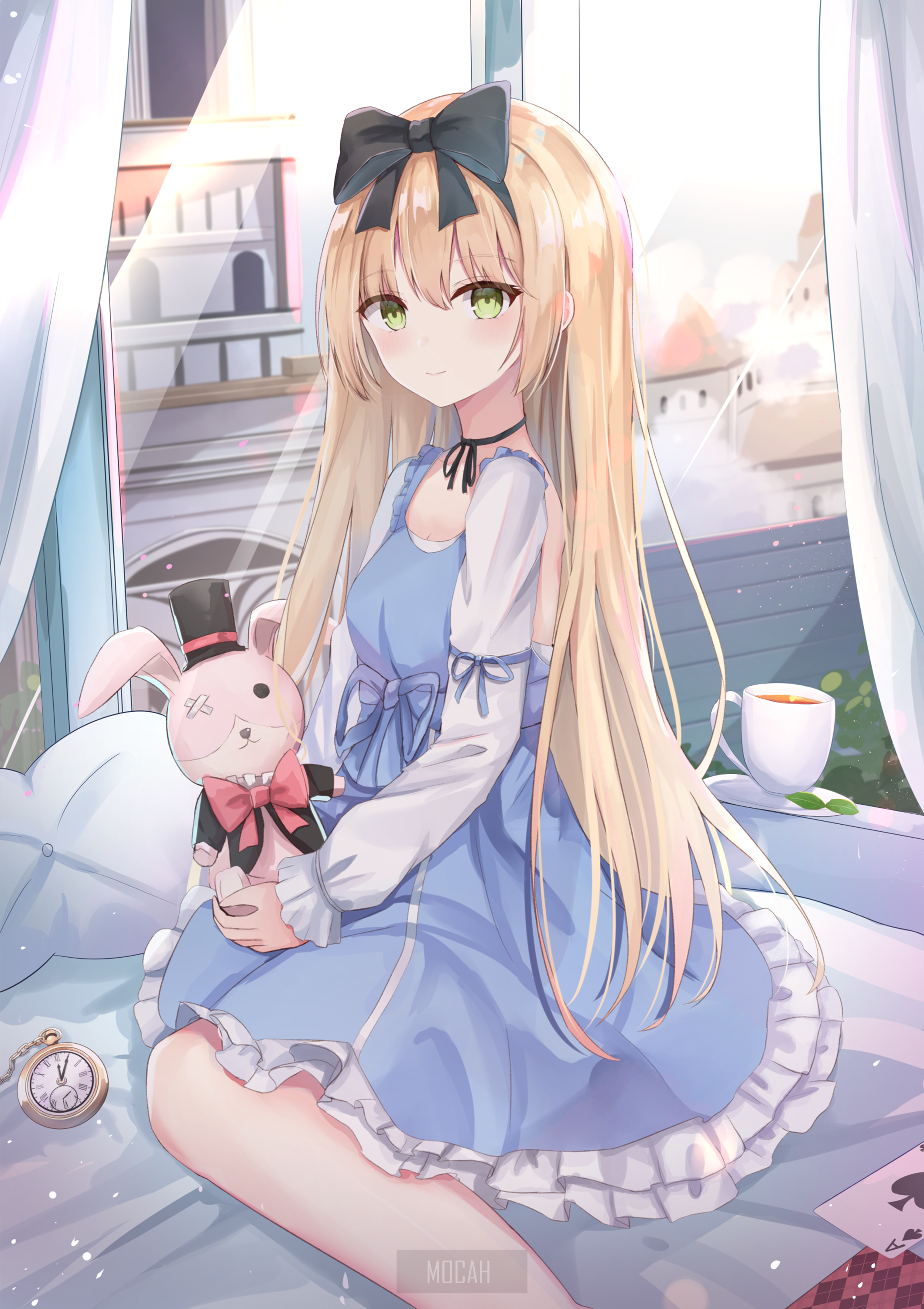 Anime girl in blue dress holding a stuffed rabbit HD Phone Wallpaper
