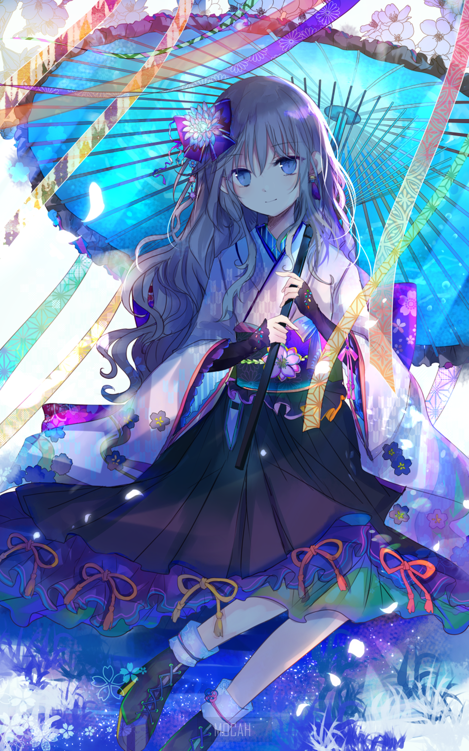 Anime girl in kimono holding umbrella HD Phone Wallpaper