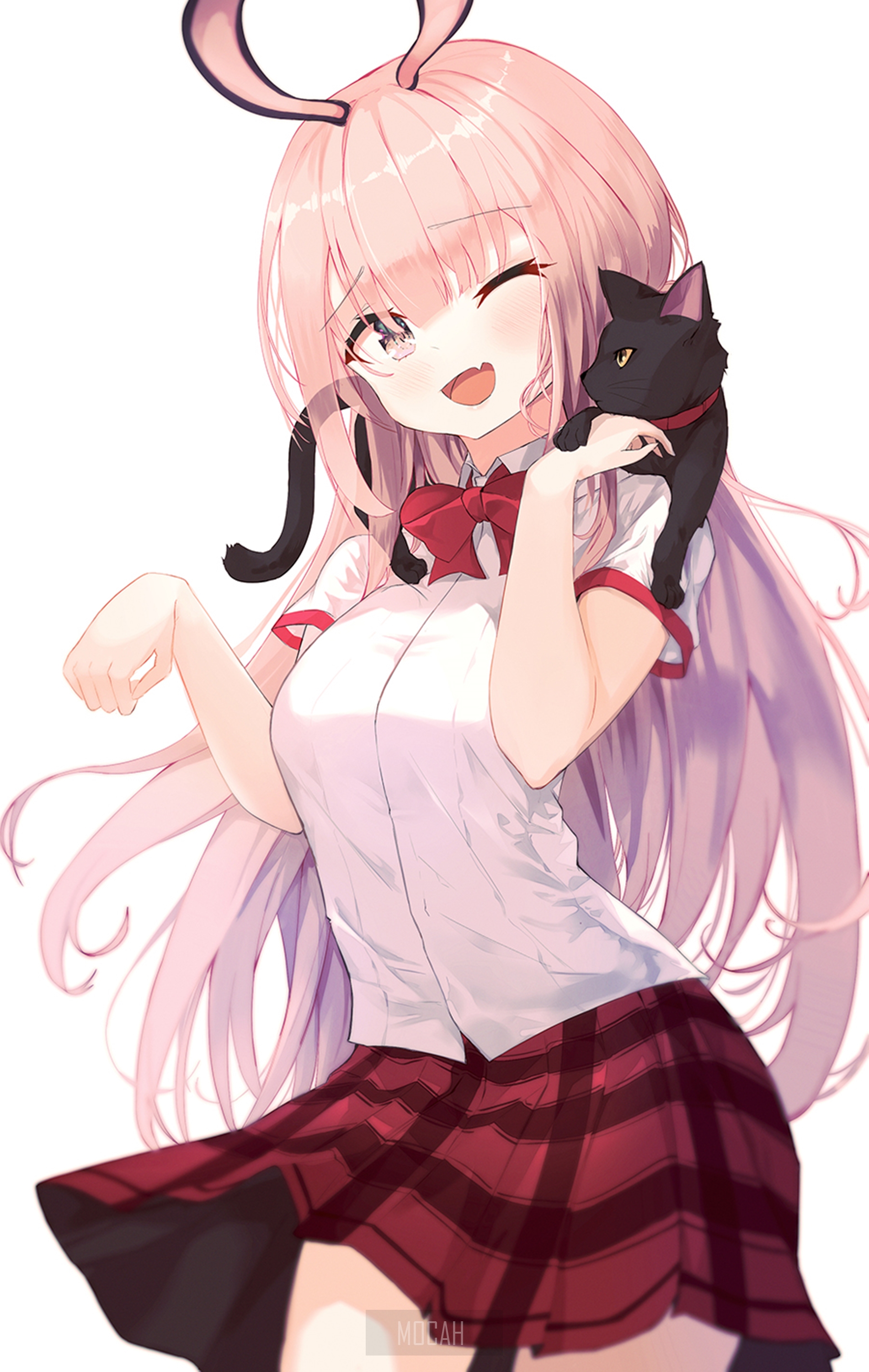 Anime girl with pink hair and a black cat HD Phone Wallpaper