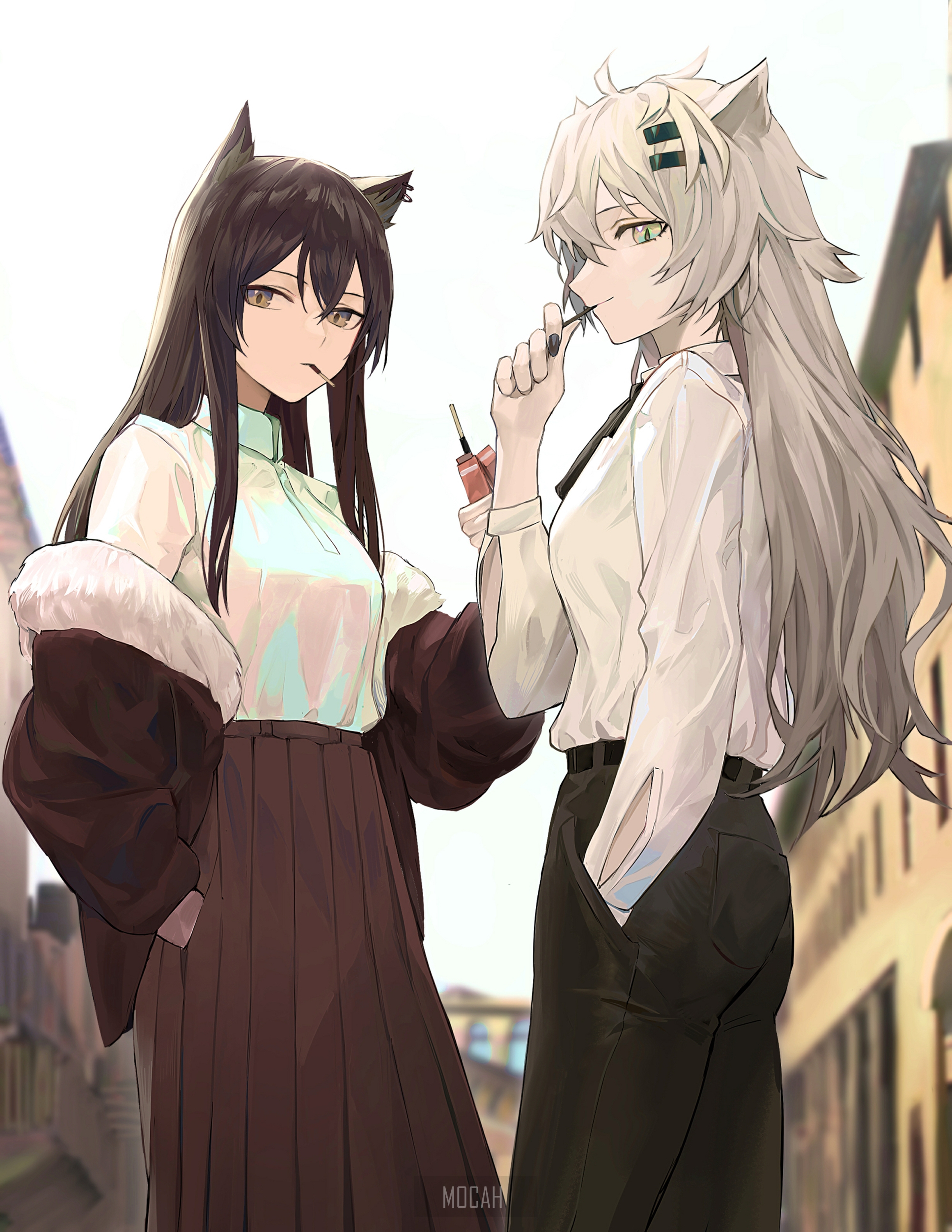 Two anime girls with animal ears standing outside HD Phone Wallpaper