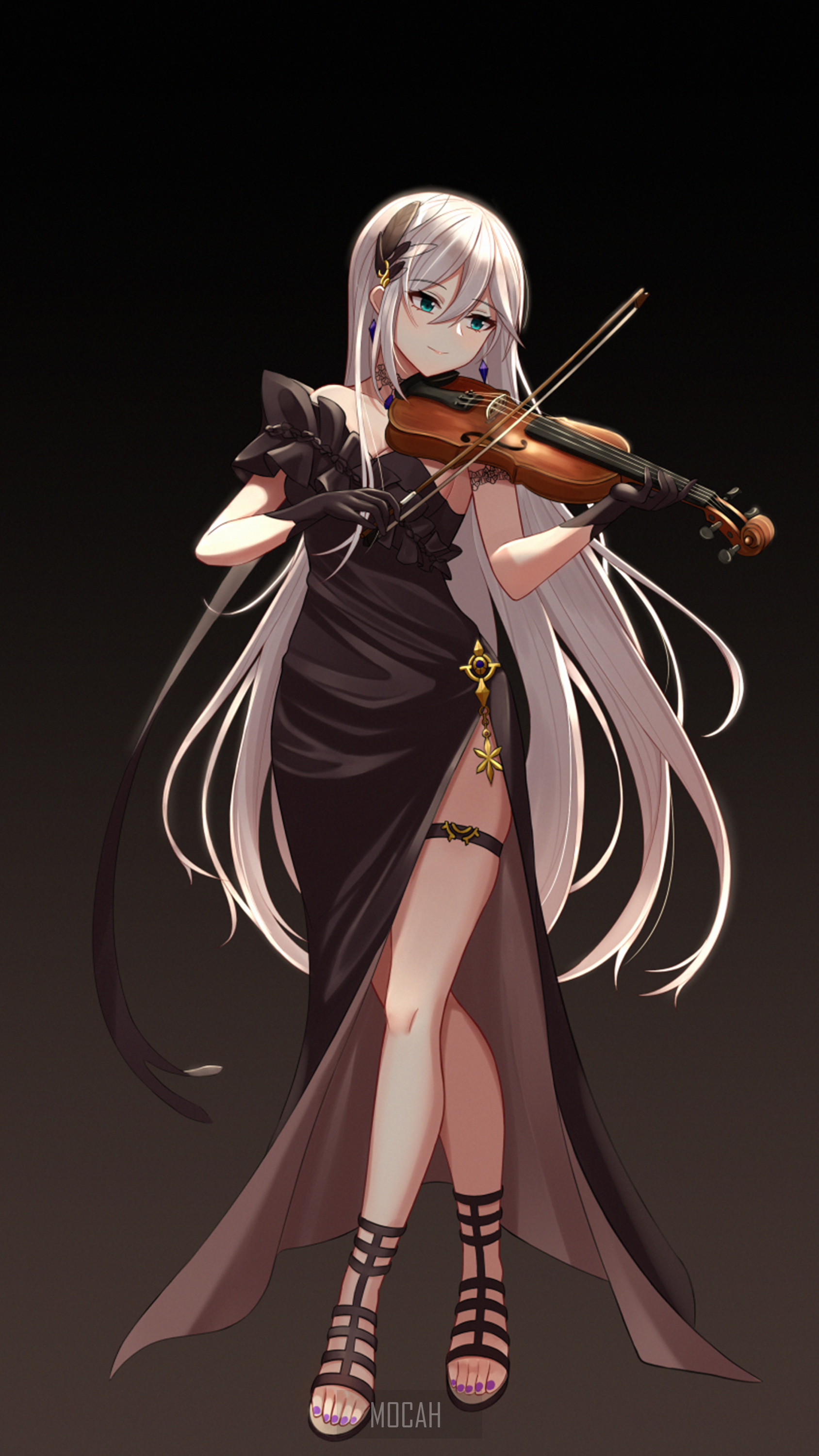 Anime girl playing violin in black dress HD Phone Wallpaper
