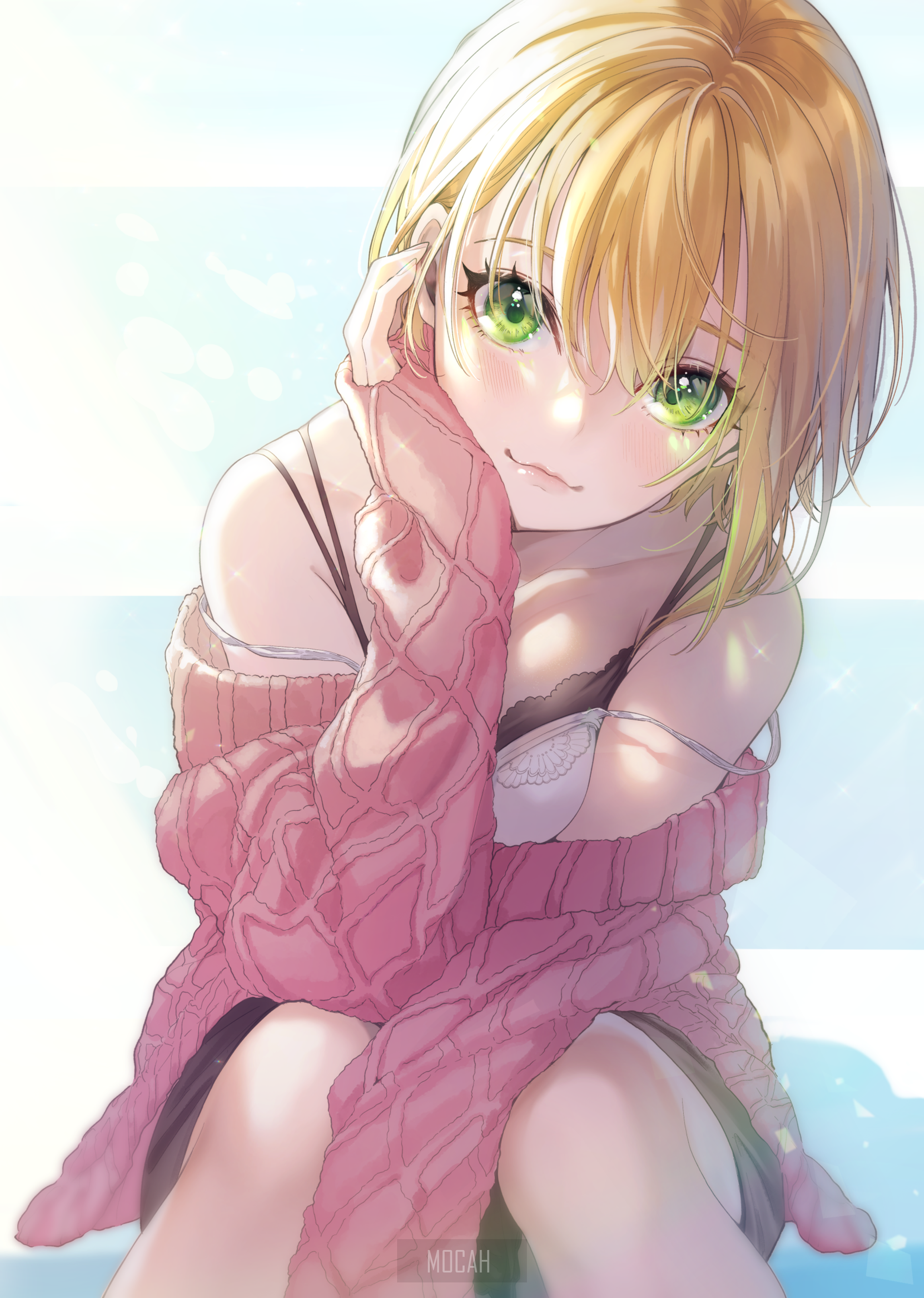 Blonde Anime Girl with Green Eyes in Pink Sweater HD Phone Wallpaper