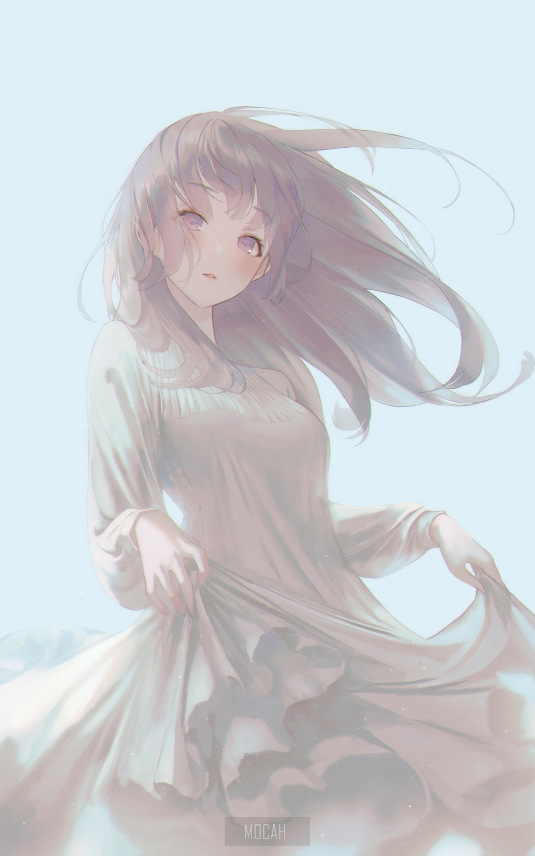 Anime girl with flowing hair and dress HD Phone Wallpaper