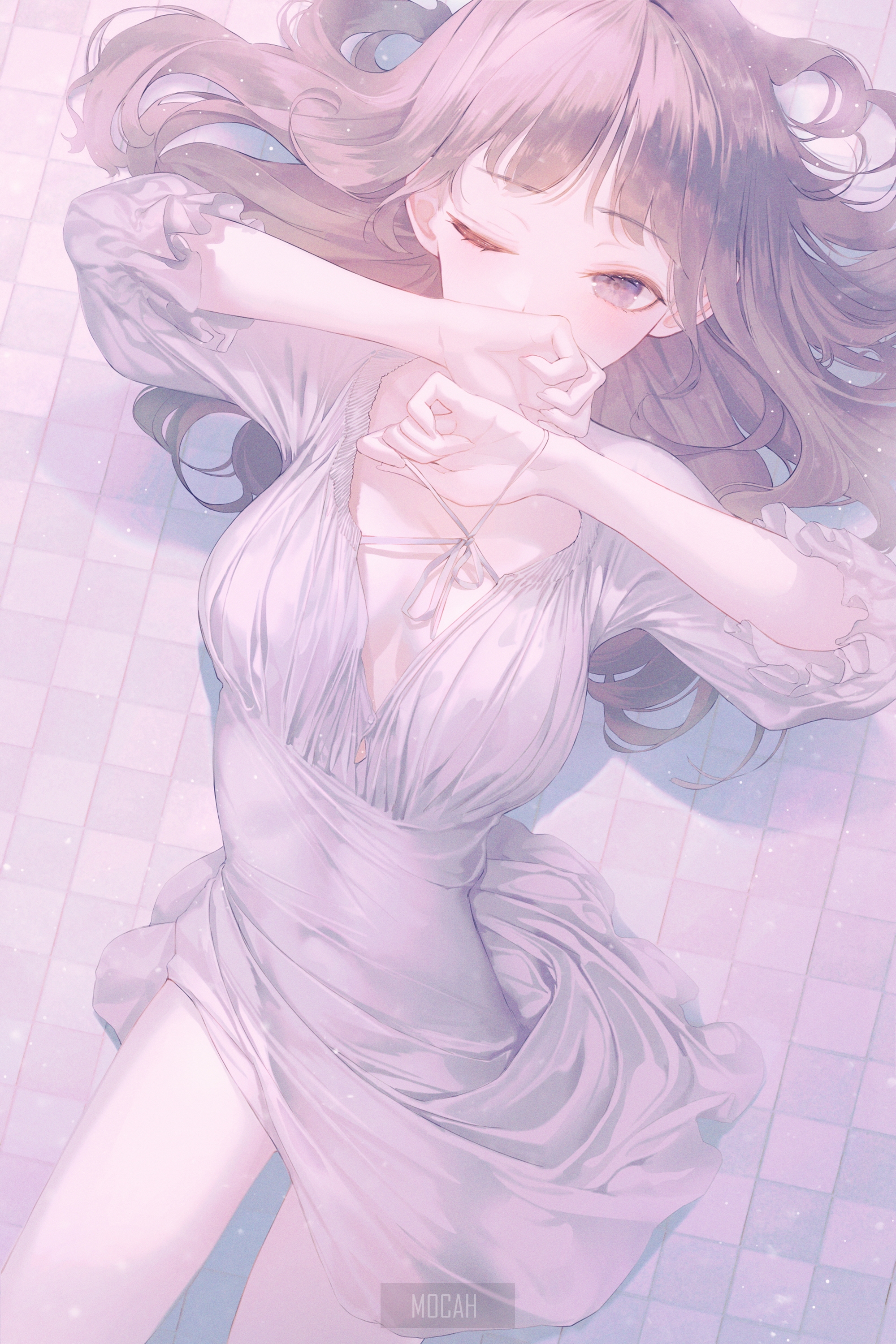 Anime girl in a white dress lying down HD Phone Wallpaper