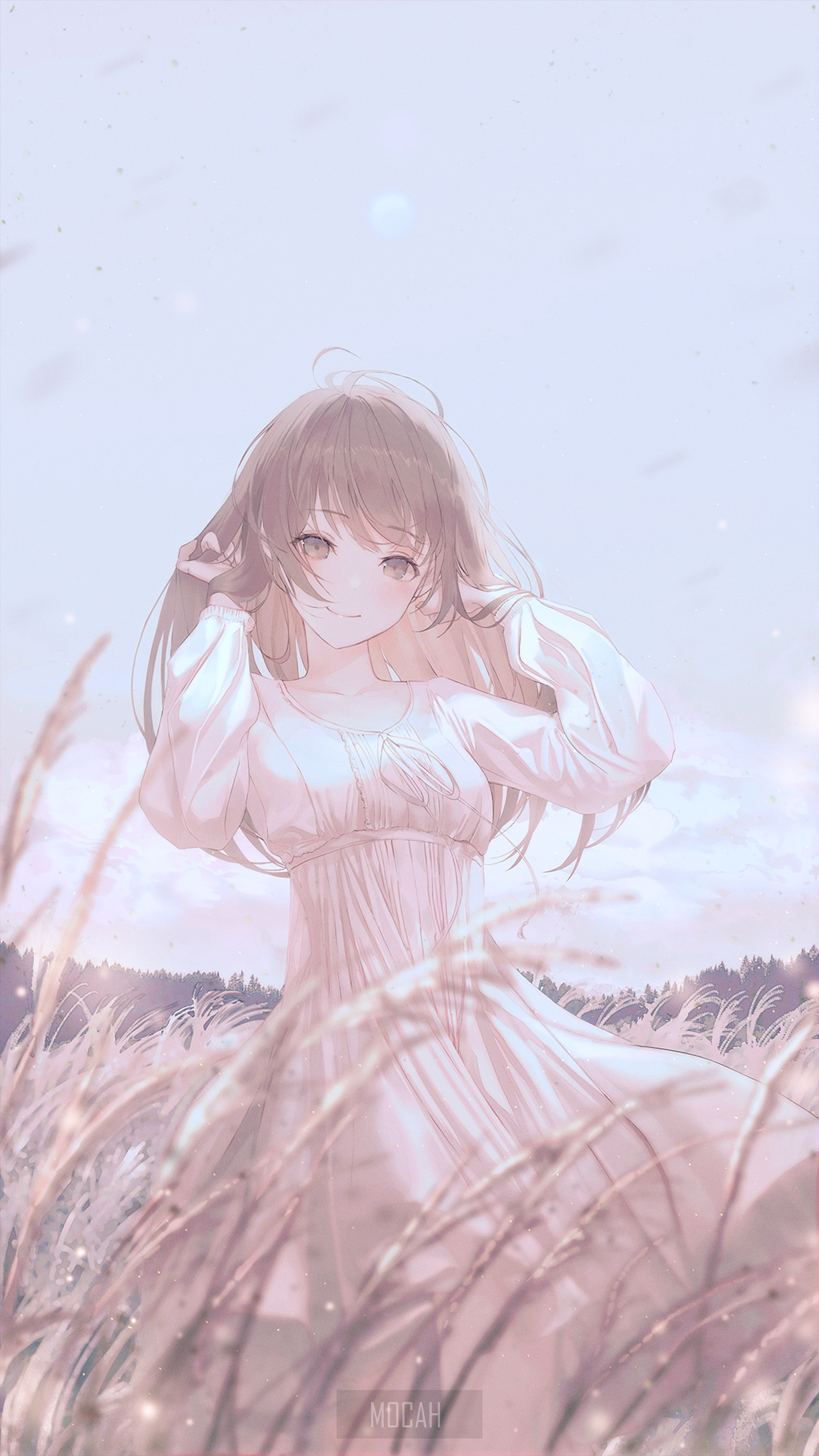 Anime girl in a white dress in a field HD Phone Wallpaper