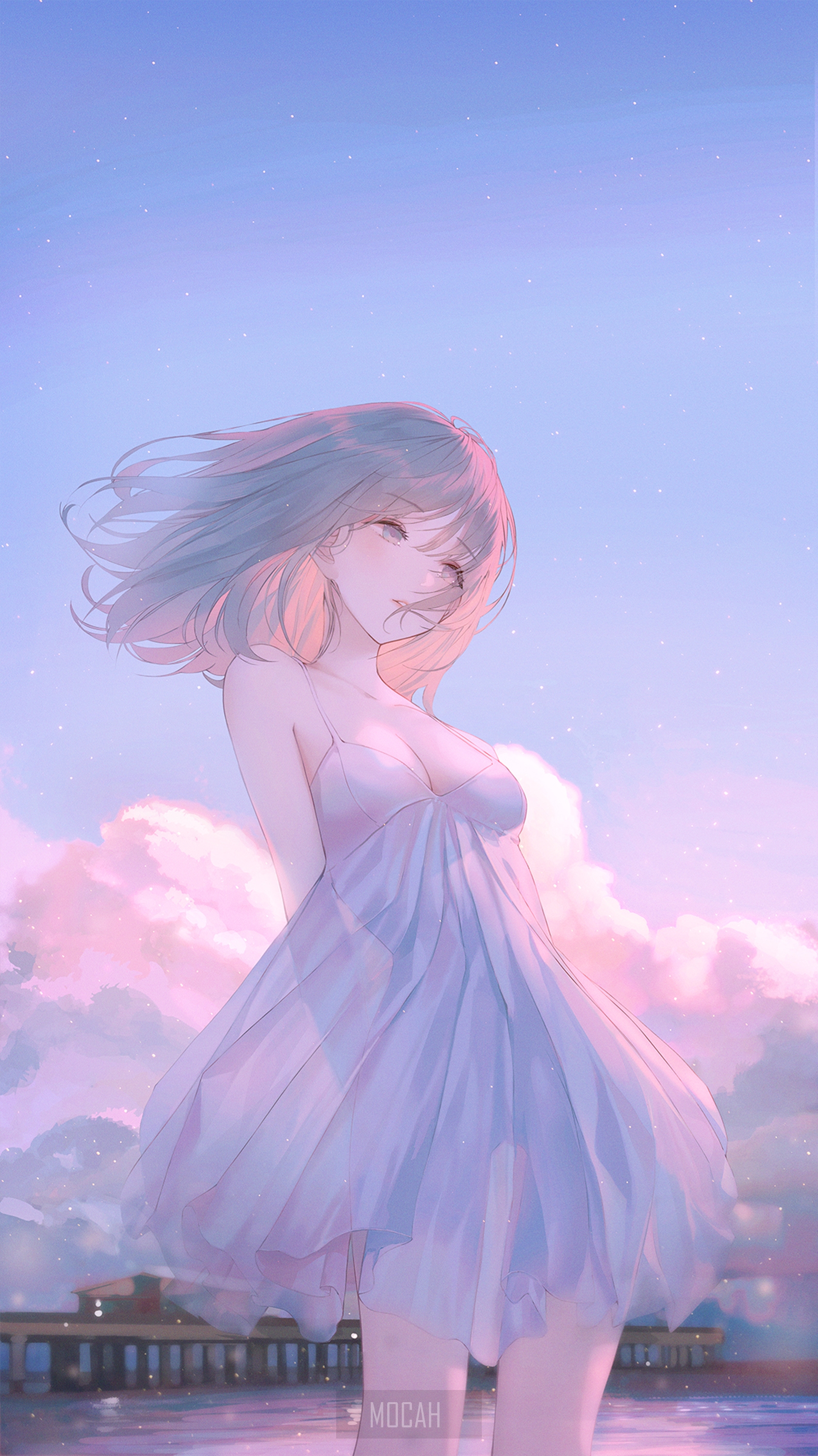 Anime girl in a flowing dress by the water HD Phone Wallpaper