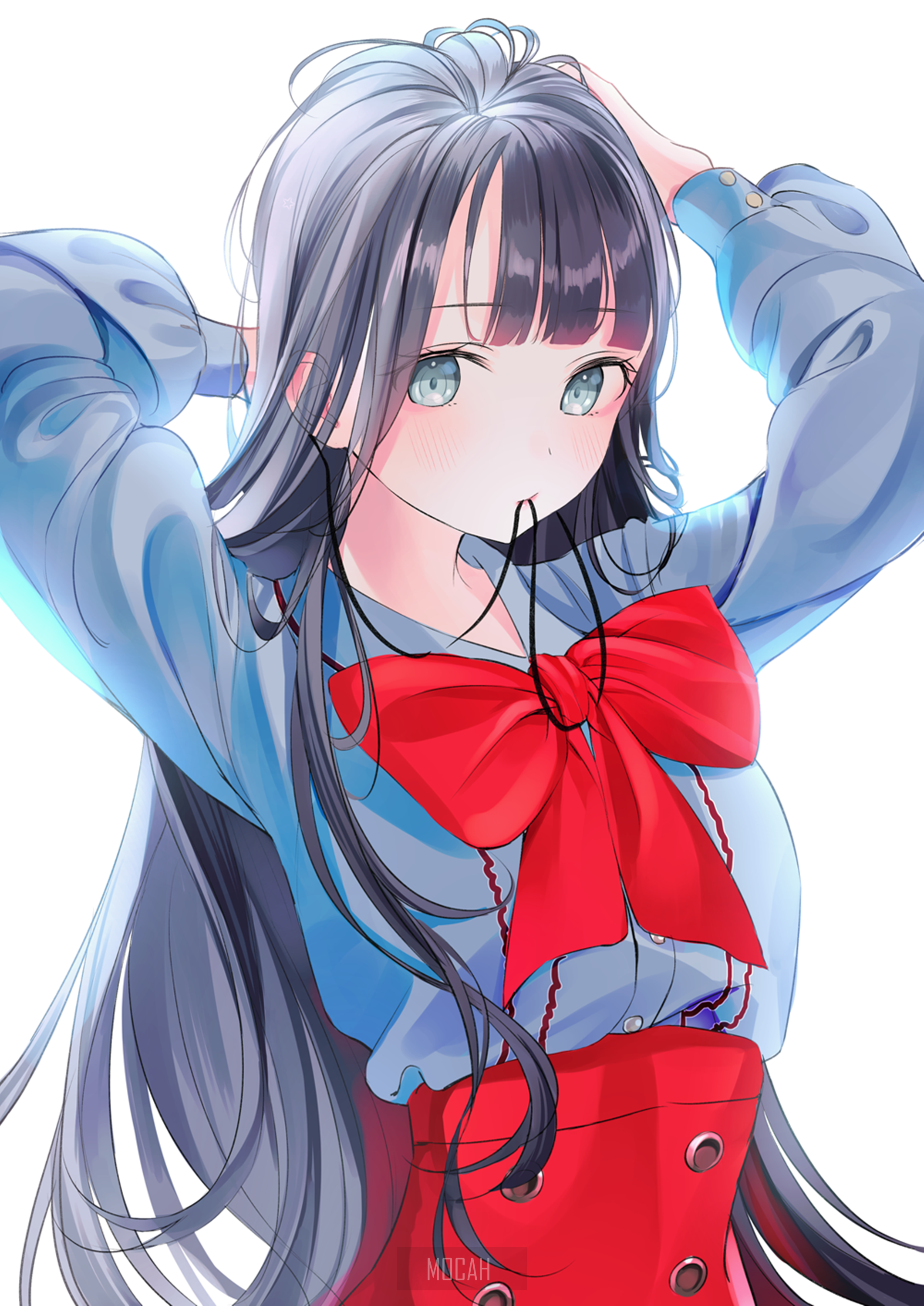 Anime girl with long dark hair and red bow HD Phone Wallpaper