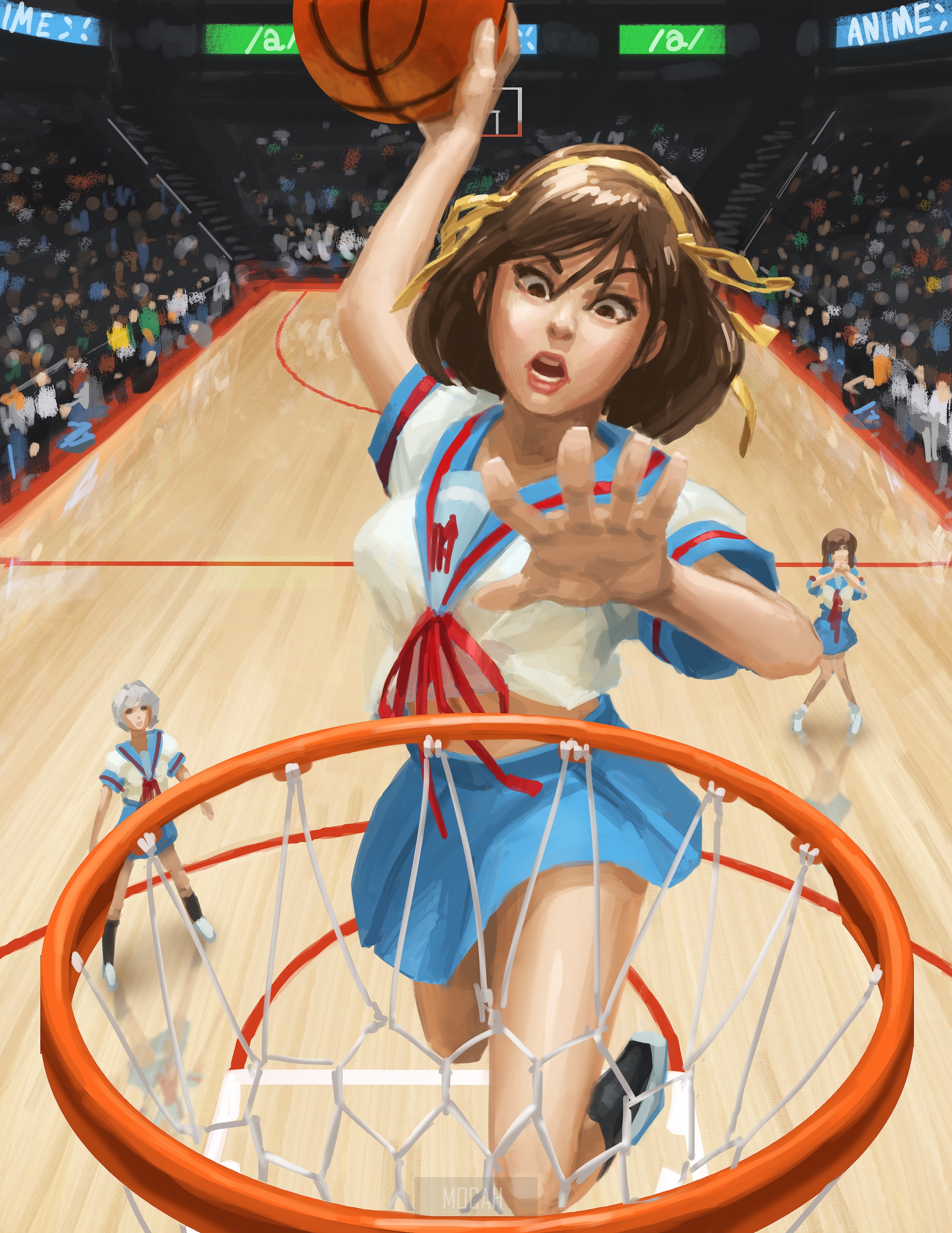 Haruhi Suzumiya and friends playing basketball HD Phone Wallpaper