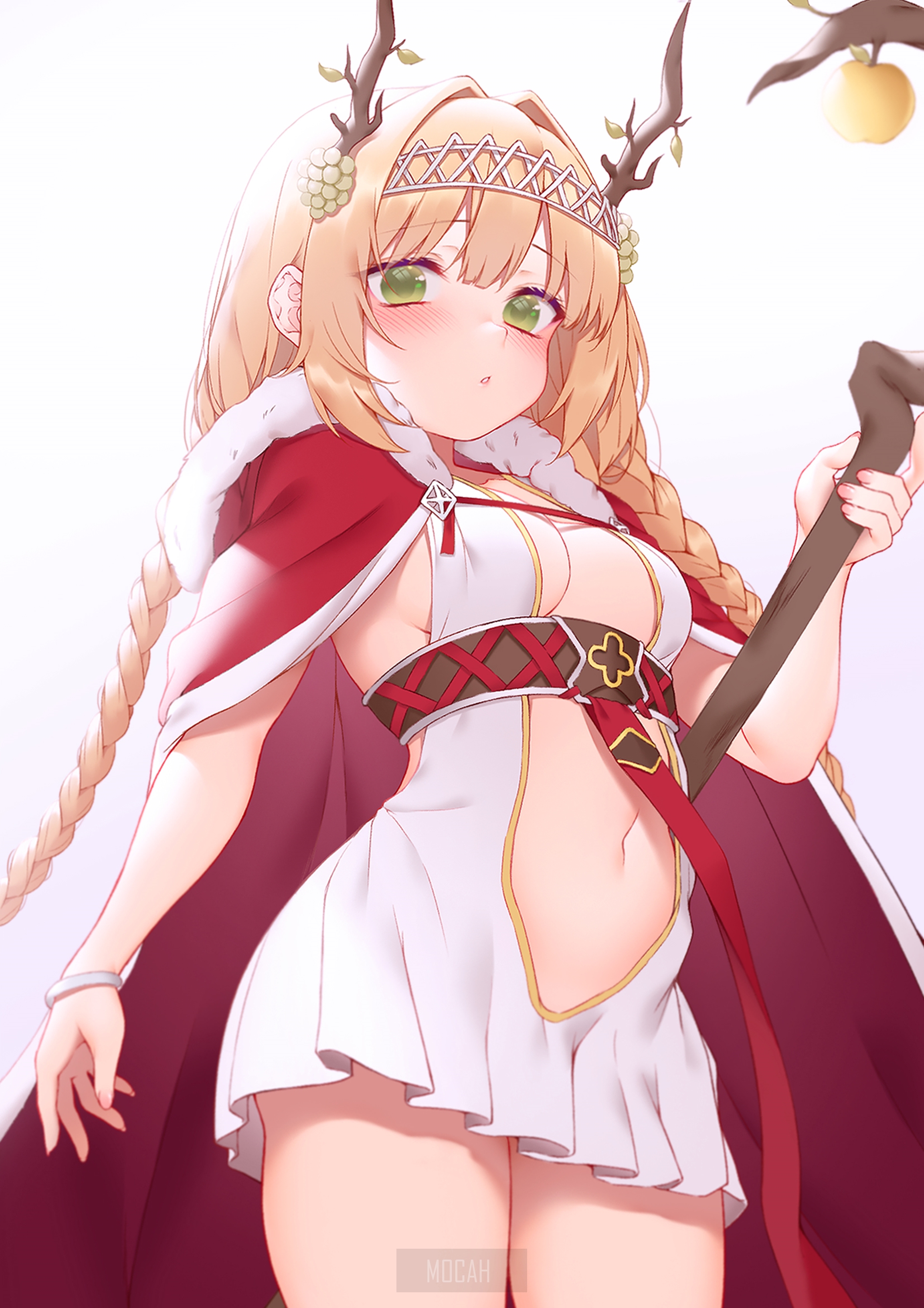 Anime girl with antlers and staff HD Phone Wallpaper