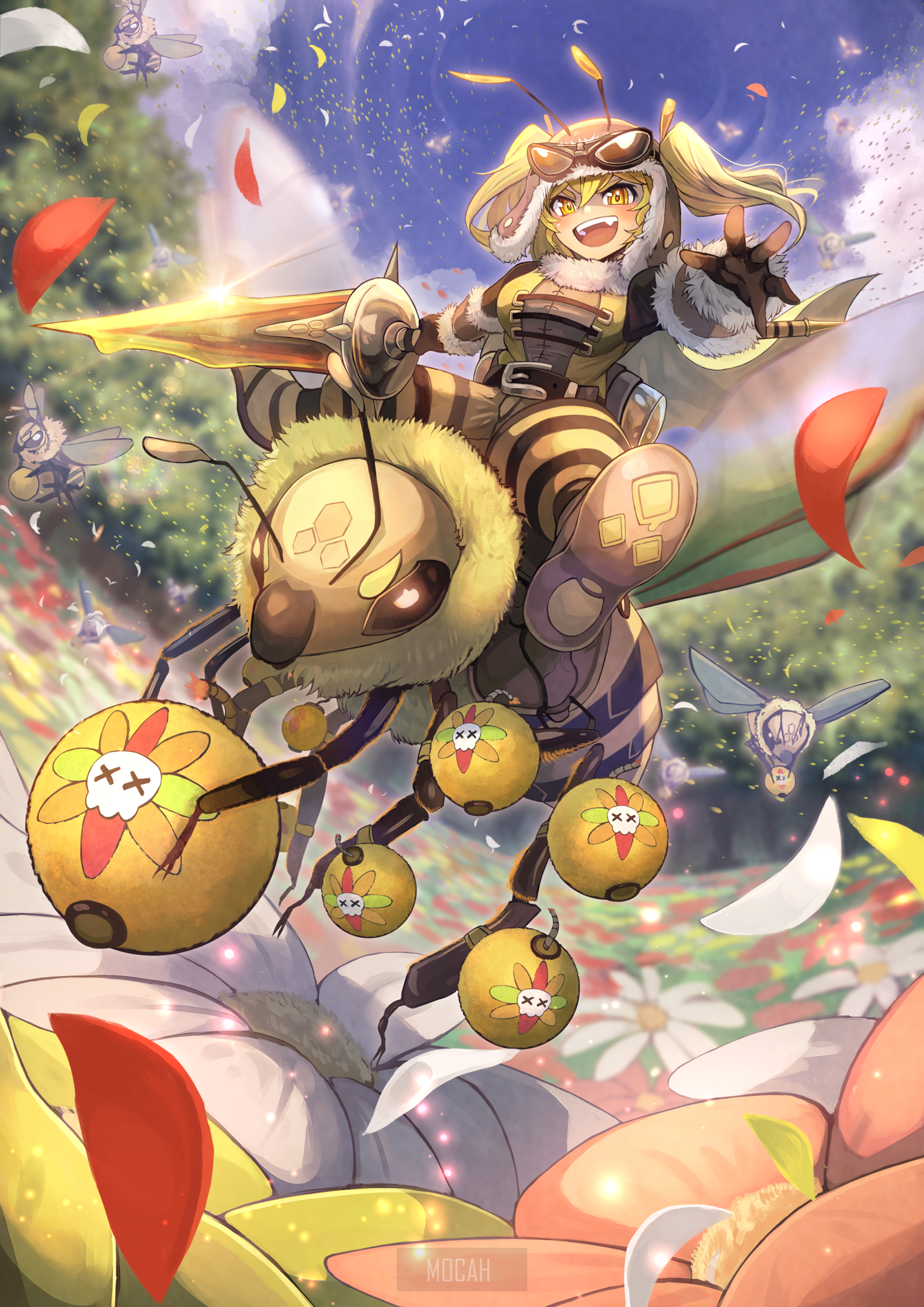 Anime girl riding a bee with bombs HD Phone Wallpaper