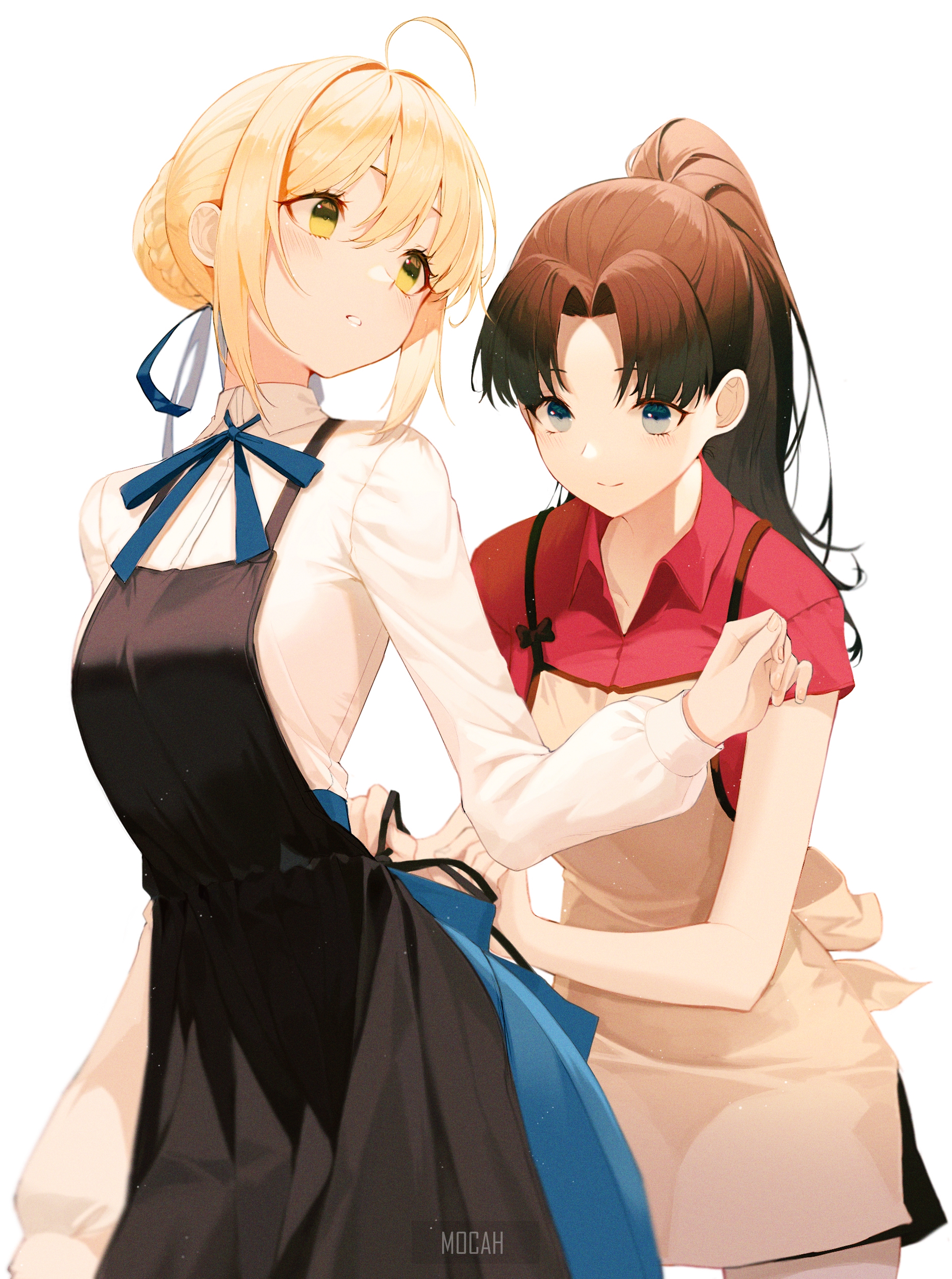 Saber and Rin Tohsaka from Fate/Stay Night wearing aprons HD Phone Wallpaper