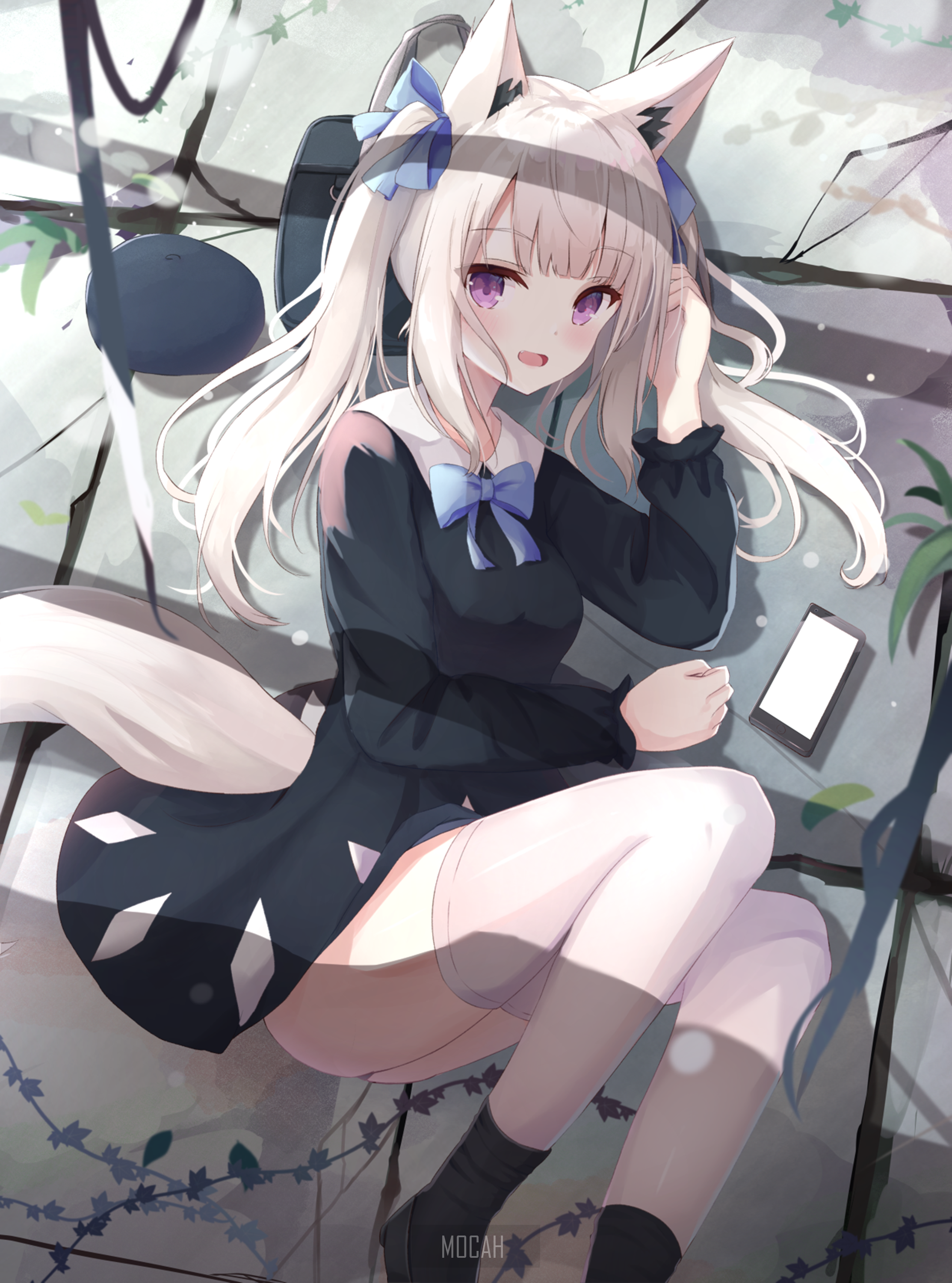 Anime girl with fox ears and tail lying down HD Phone Wallpaper