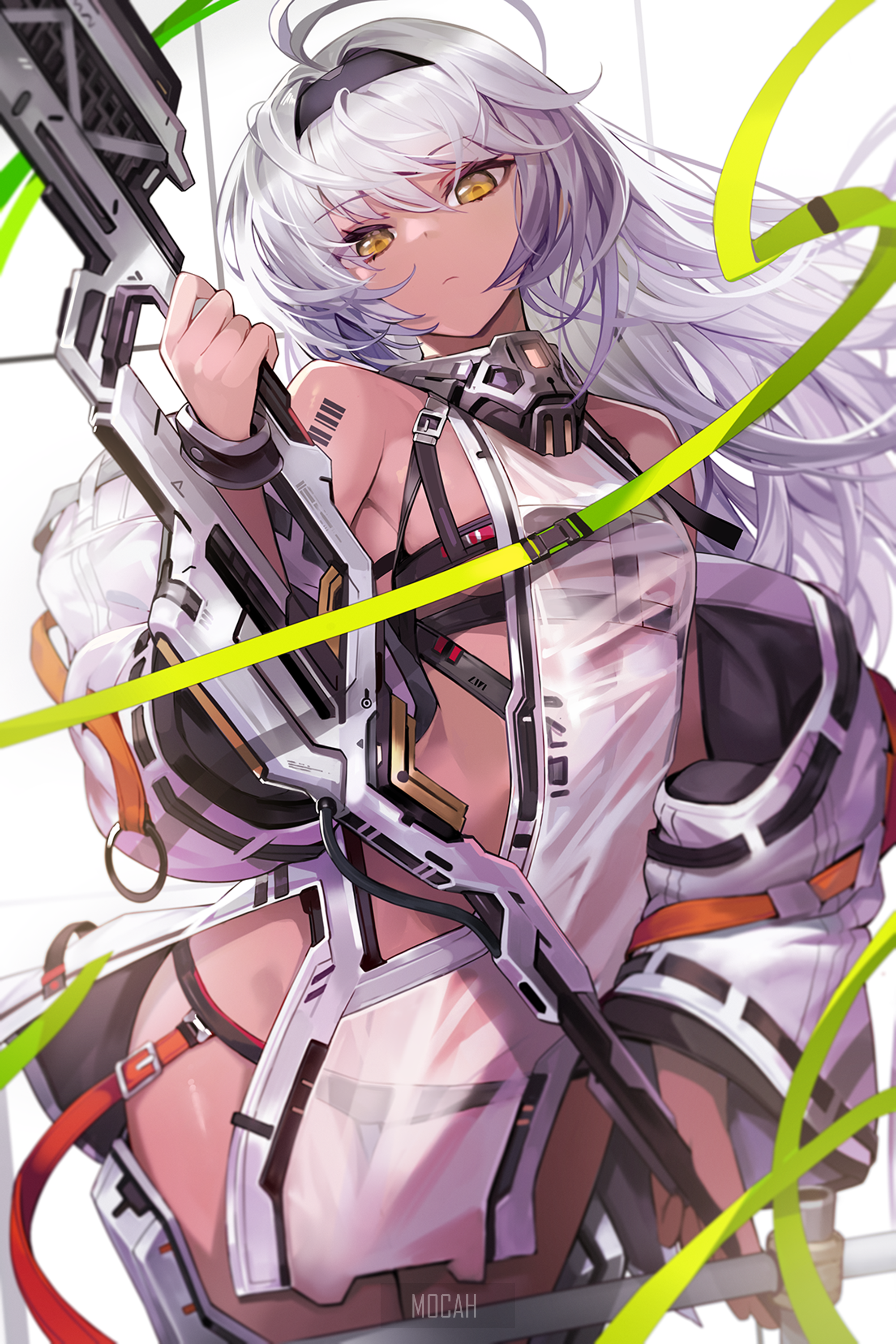 Futuristic Anime Girl with White Hair and Rifle HD Phone Wallpaper